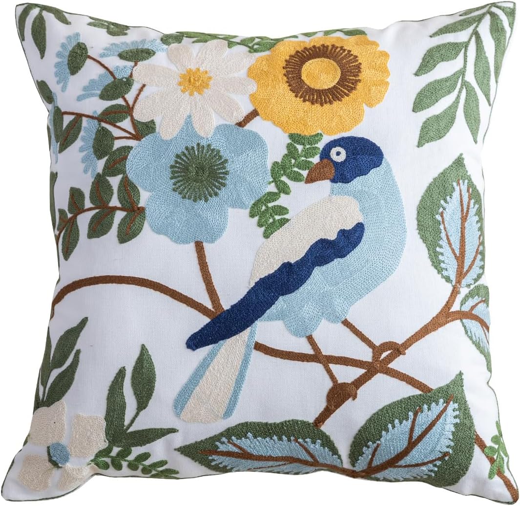 YIcabinet Pack of 2 Throw Pillow Covers,Flower and Bird Pattern Embroidered Pillow Case Soft Decorative Pillowcases for Home Sofa Couch 18x18 Inch
