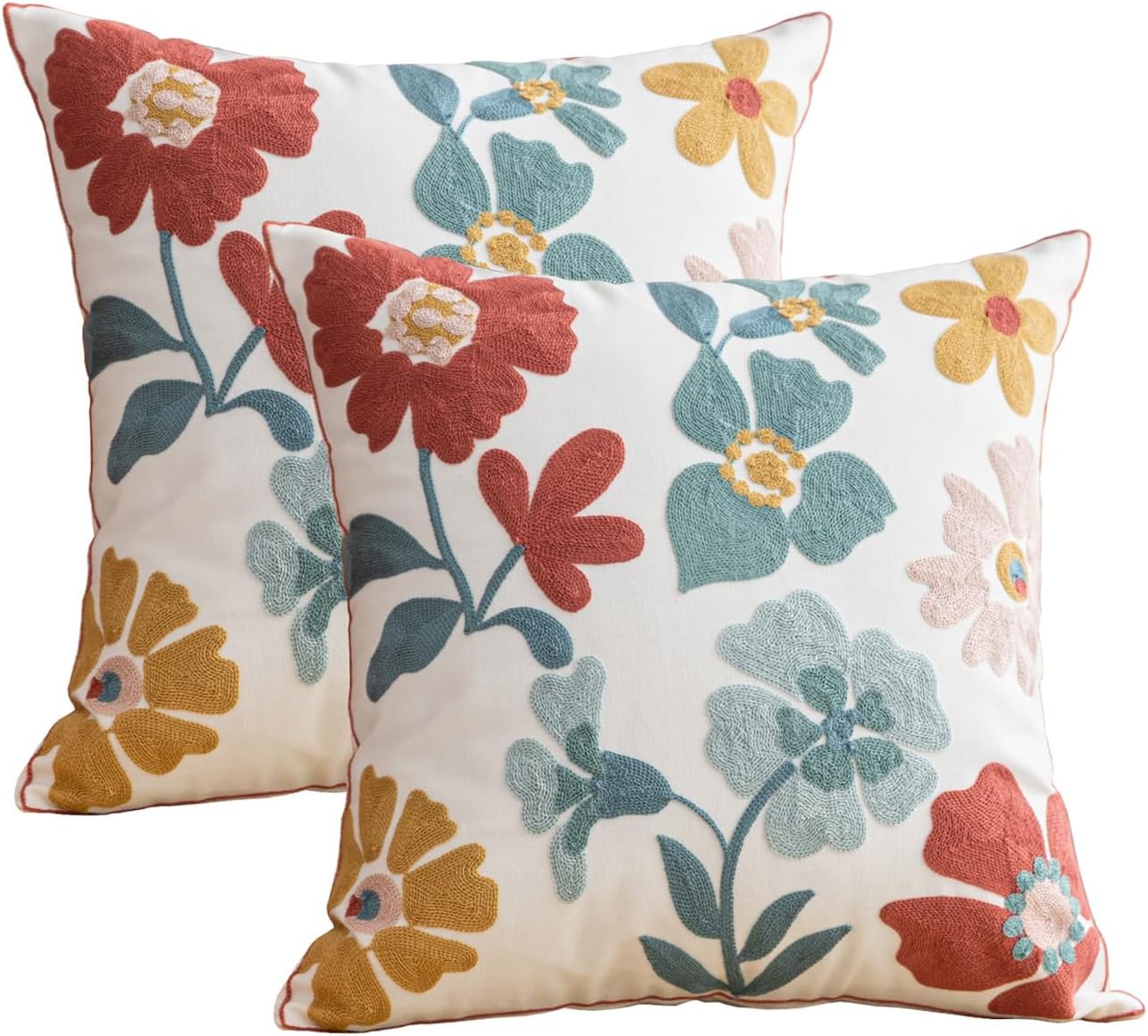 YIcabinet Pack of 2 Throw Pillow Covers,Flower and Bird Pattern Embroidered Pillow Case Soft Decorative Pillowcases for Home Sofa Couch 18x18 Inch