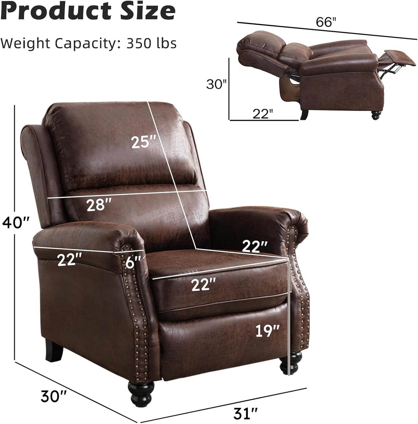 Push Back Recliner Chair Faux Leather Lounge Armchair with Rivet Decoration Wingback Single Sofa Chair with Padded Seat Solid Wood Legs for Living Room, Comfy Upholstered Set of 2, Red Brown