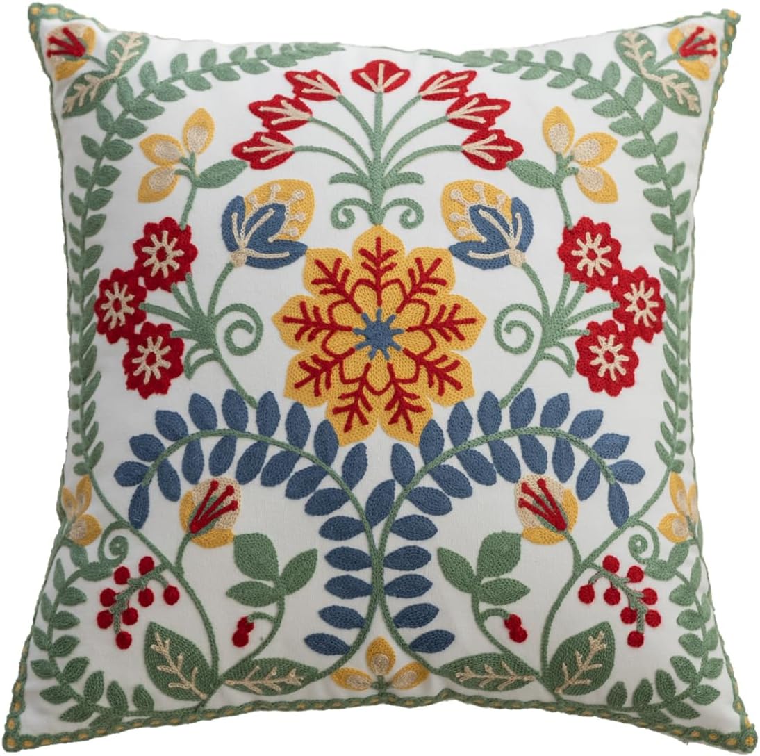 YIcabinet Pack of 2 Throw Pillow Covers,Flower and Bird Pattern Embroidered Pillow Case Soft Decorative Pillowcases for Home Sofa Couch 18x18 Inch