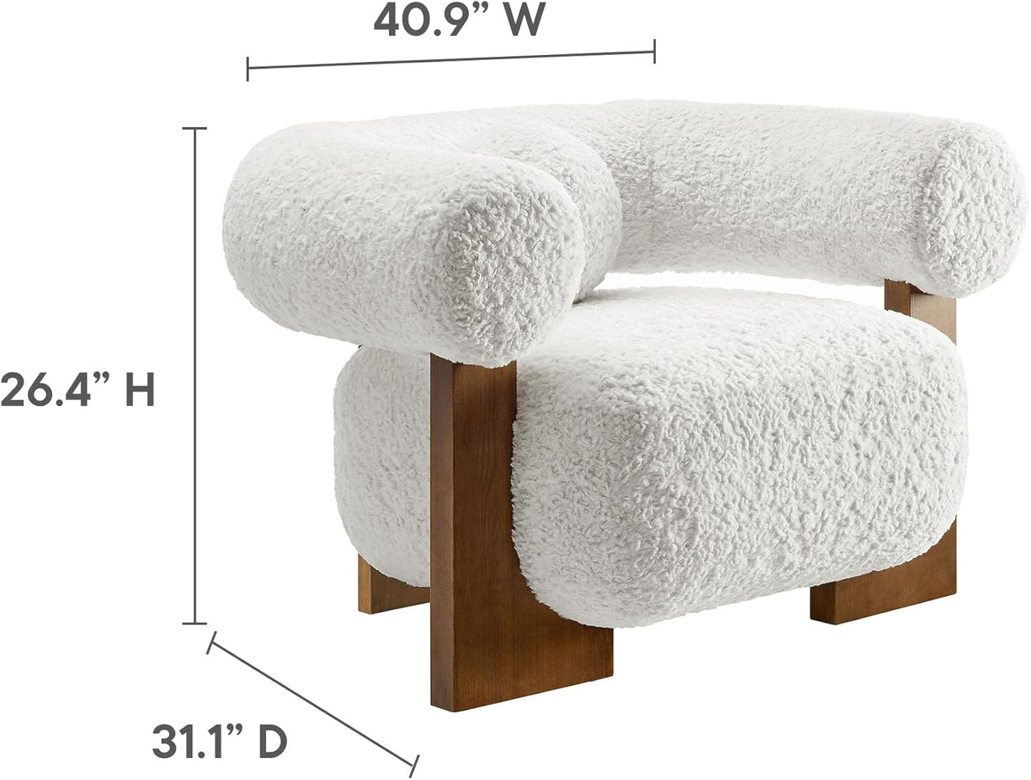 Modway Jace Upholstered Fabric Accent Chair in Feather - Faux Fur Barrel Chair with Pillow - Comfy Lounge Armchair with Curved Back and Wood Legs - Soft Teddy Club Chair for Living Room, Bedroom
