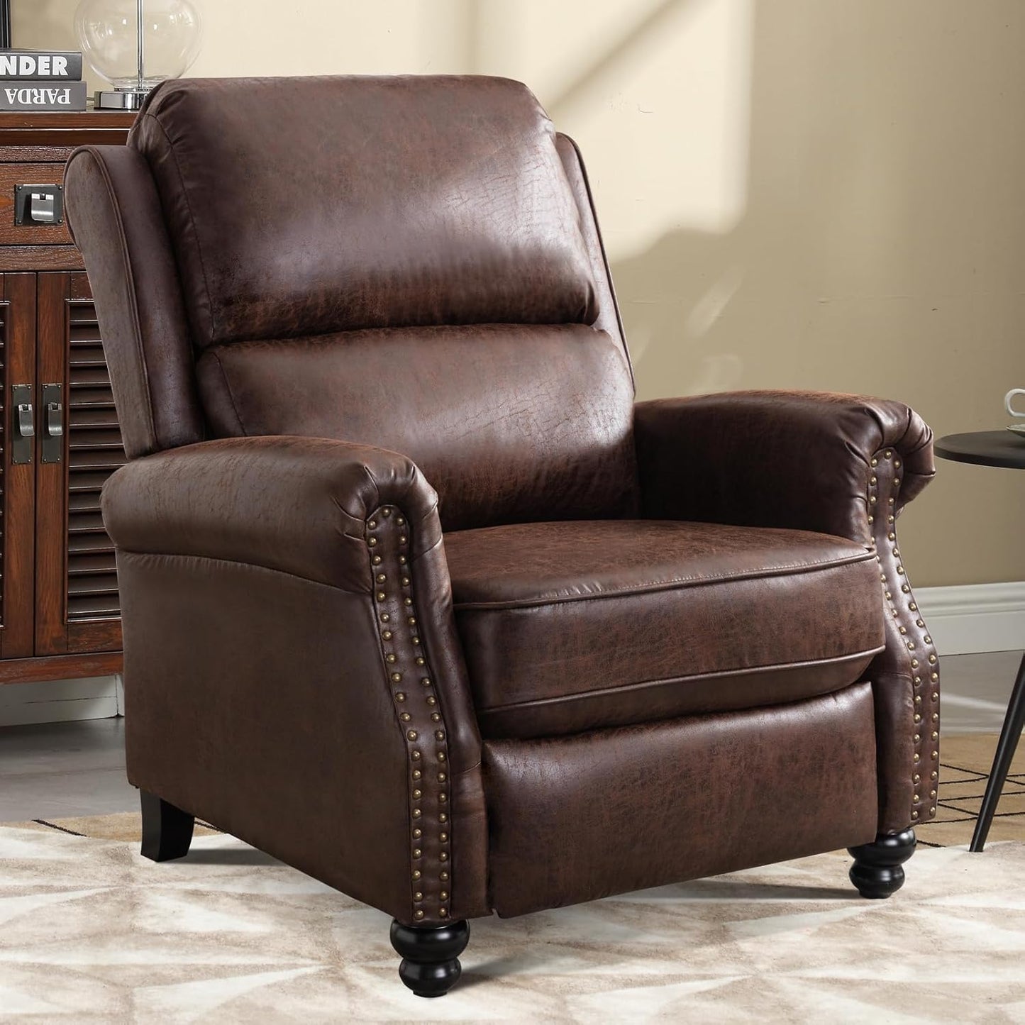 Push Back Recliner Chair Faux Leather Lounge Armchair with Rivet Decoration Wingback Single Sofa Chair with Padded Seat Solid Wood Legs for Living Room, Comfy Upholstered Set of 2, Red Brown