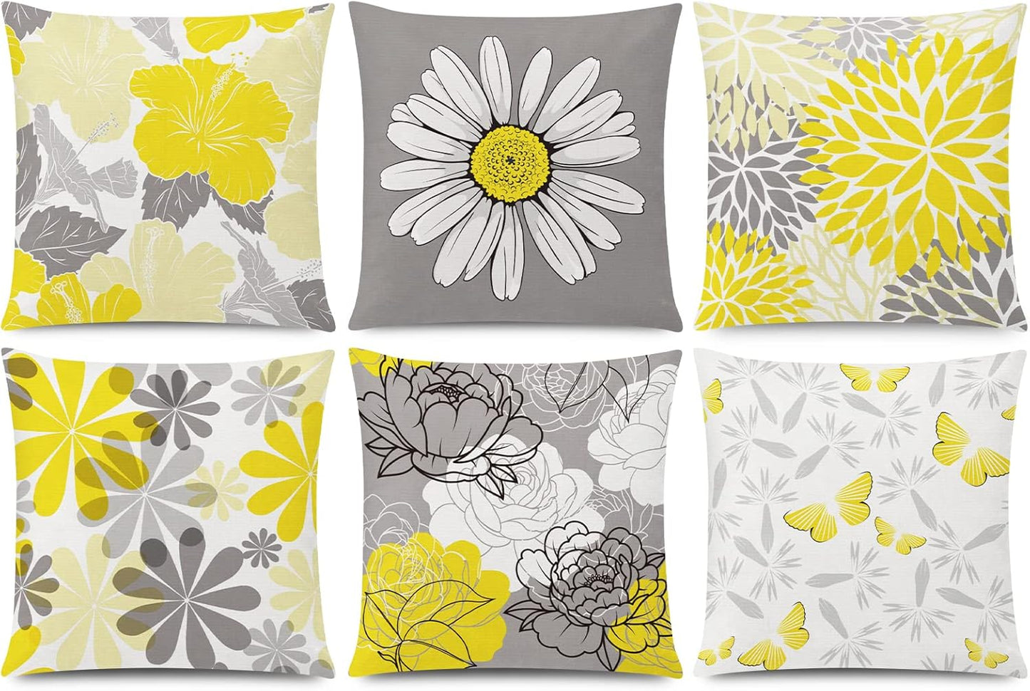 COMMINY Blue Grey Pillow Covers 18x18 Set of 6 Decorative Daisy Flower Throw Pillow Cover for Couch Modern Pillow Case for Patio Living Room Cushion Bed Farmhouse Home Decor