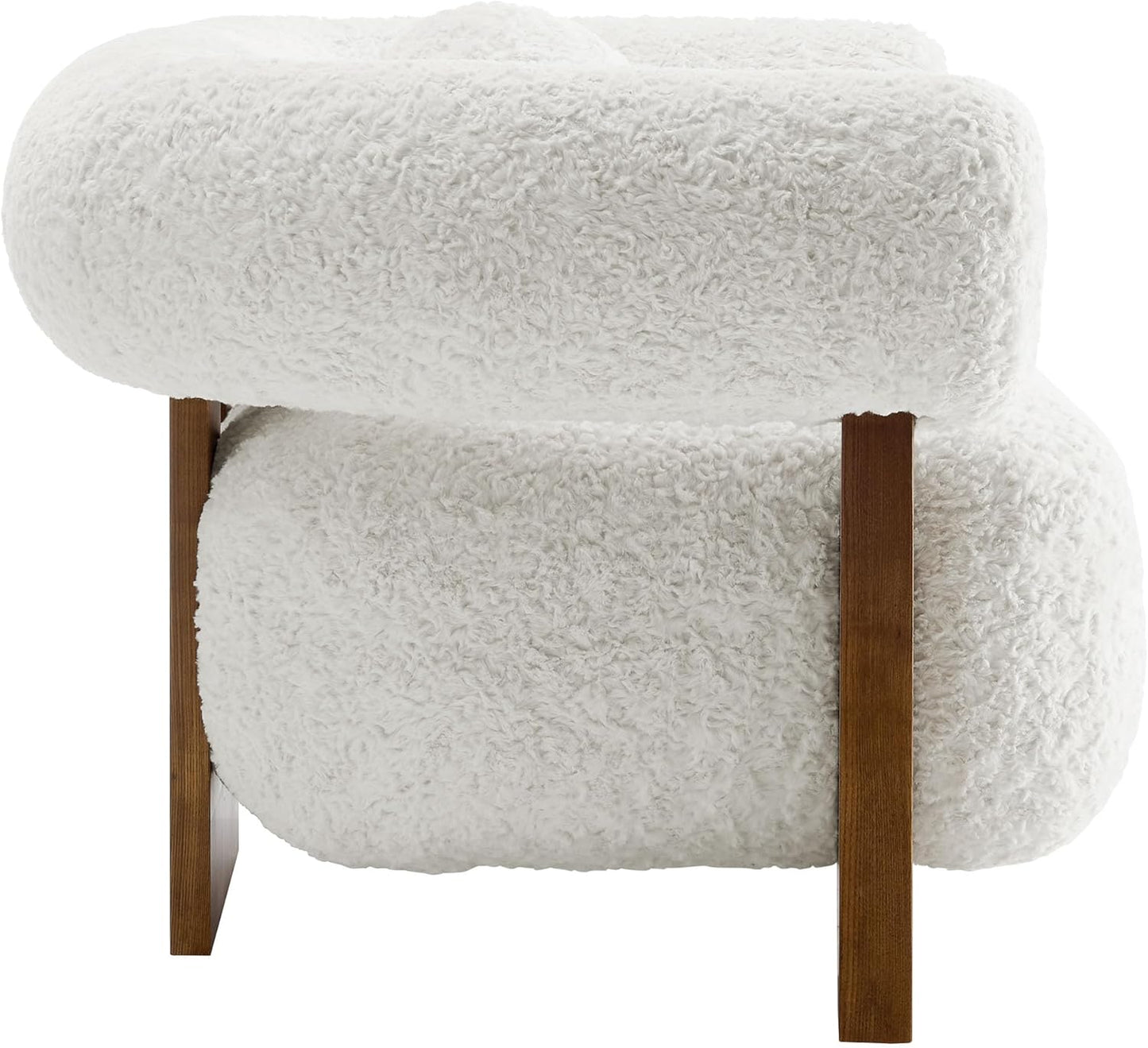 Modway Jace Upholstered Fabric Accent Chair in Feather - Faux Fur Barrel Chair with Pillow - Comfy Lounge Armchair with Curved Back and Wood Legs - Soft Teddy Club Chair for Living Room, Bedroom