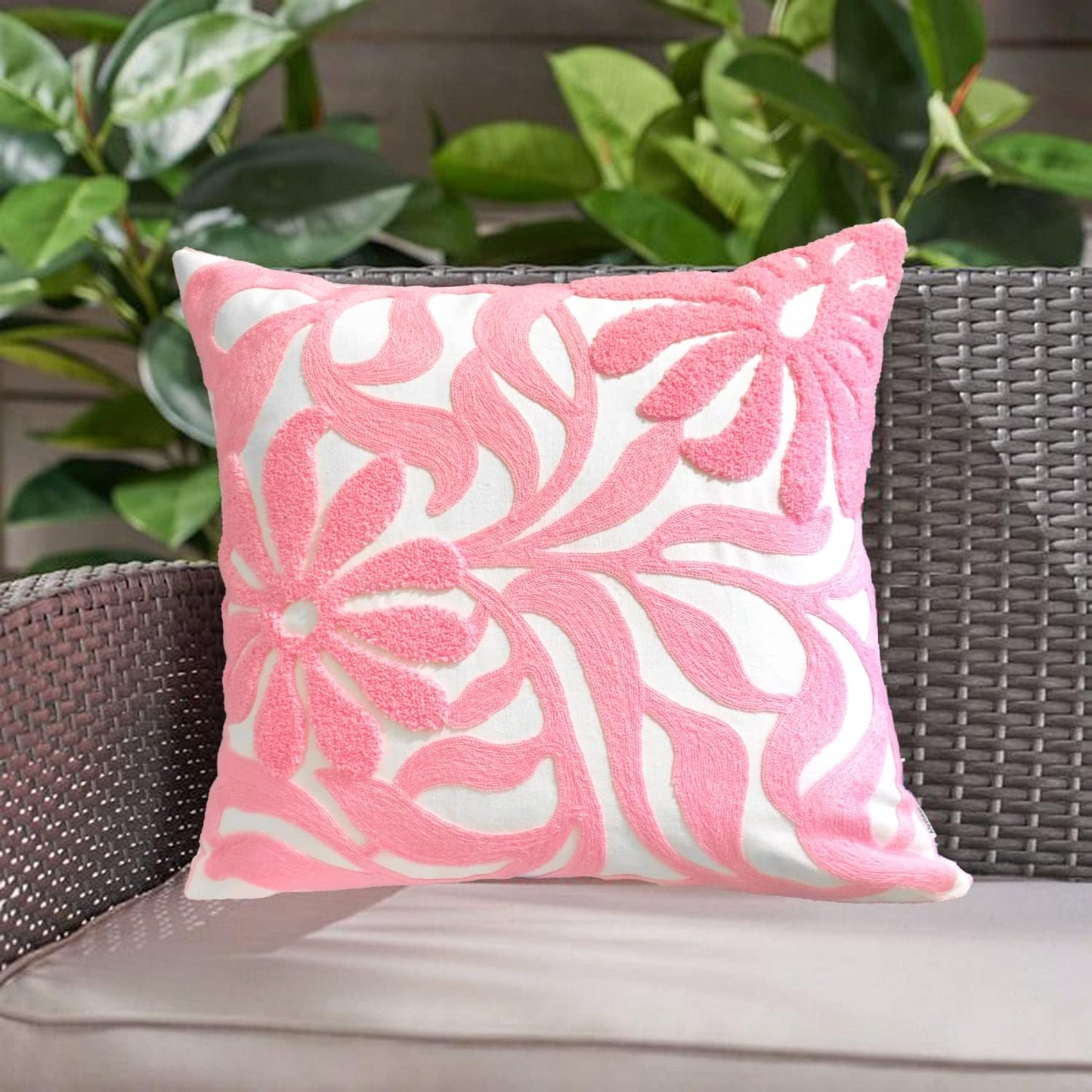 Alysheer Farmhouse Floral Leaves Embroidered Decorative Throw Pillow Cover 18x18 inches, Boho Tufted Flowers Embroidery Pattern Chic Cotton Cushion Case for Couch Bed Sofa Living Room(Mustard Yellow)
