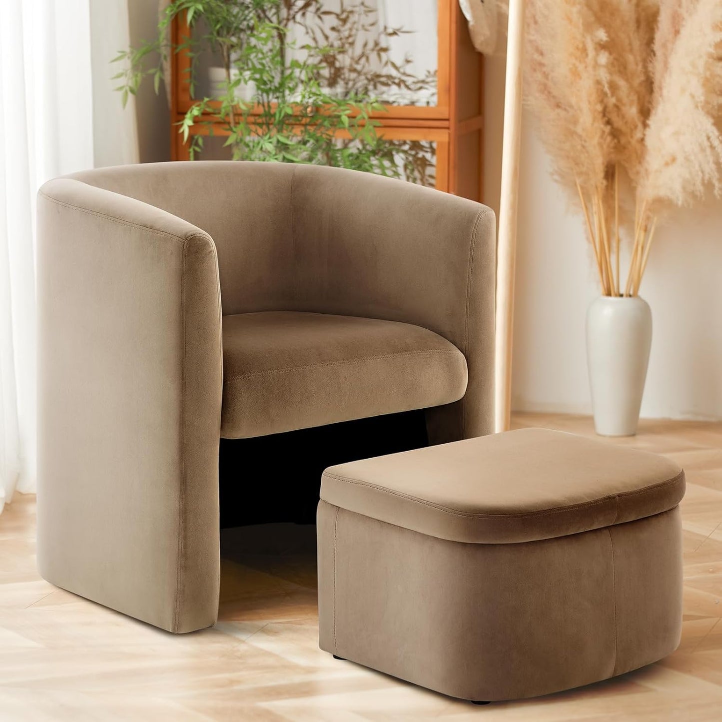 COLAMY Upholstered Sherpa Barrel Accent Chair with Storage Ottoman, Morden Living Room Chair, Armchair Single Sofa for Bedroom/Reading Spaces, Cream