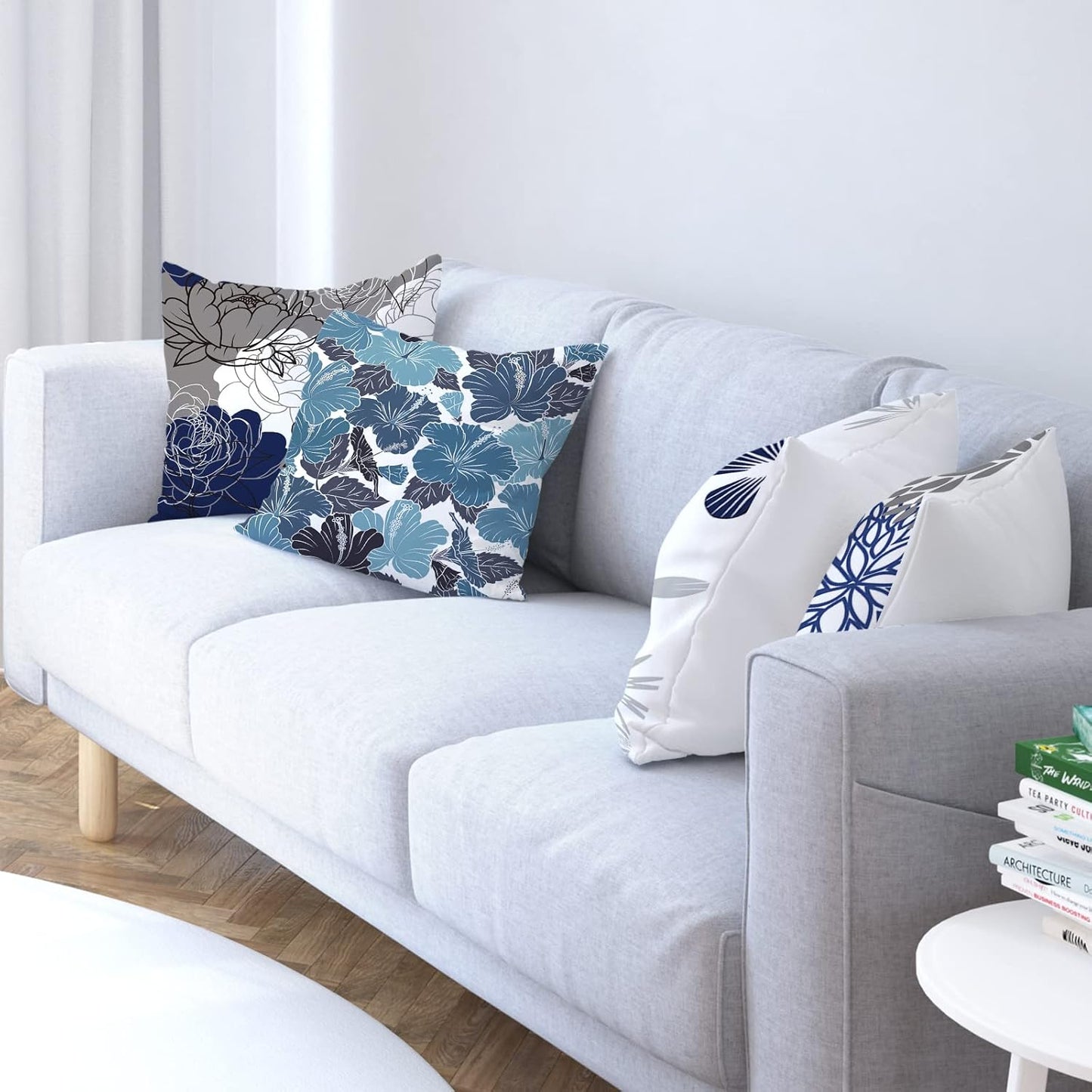 COMMINY Blue Grey Pillow Covers 18x18 Set of 6 Decorative Daisy Flower Throw Pillow Cover for Couch Modern Pillow Case for Patio Living Room Cushion Bed Farmhouse Home Decor