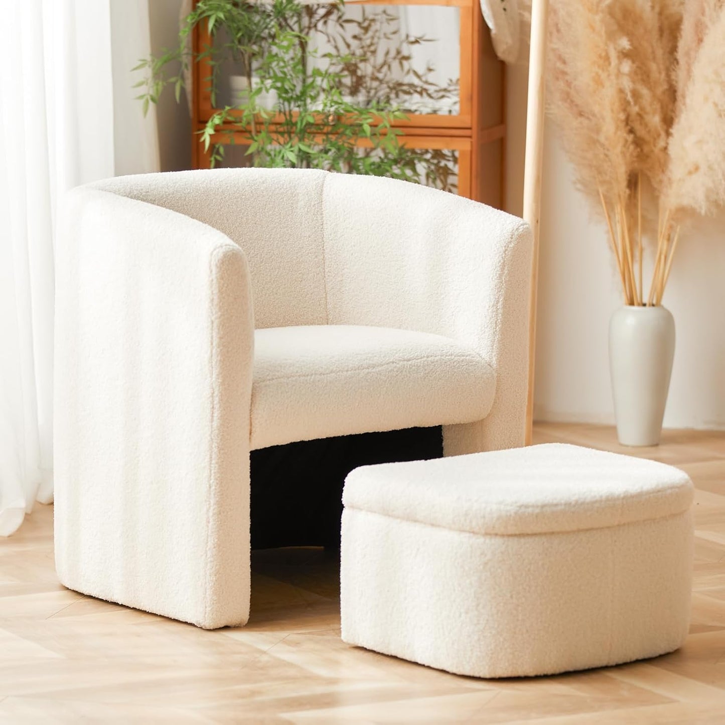 COLAMY Upholstered Sherpa Barrel Accent Chair with Storage Ottoman, Morden Living Room Chair, Armchair Single Sofa for Bedroom/Reading Spaces, Cream