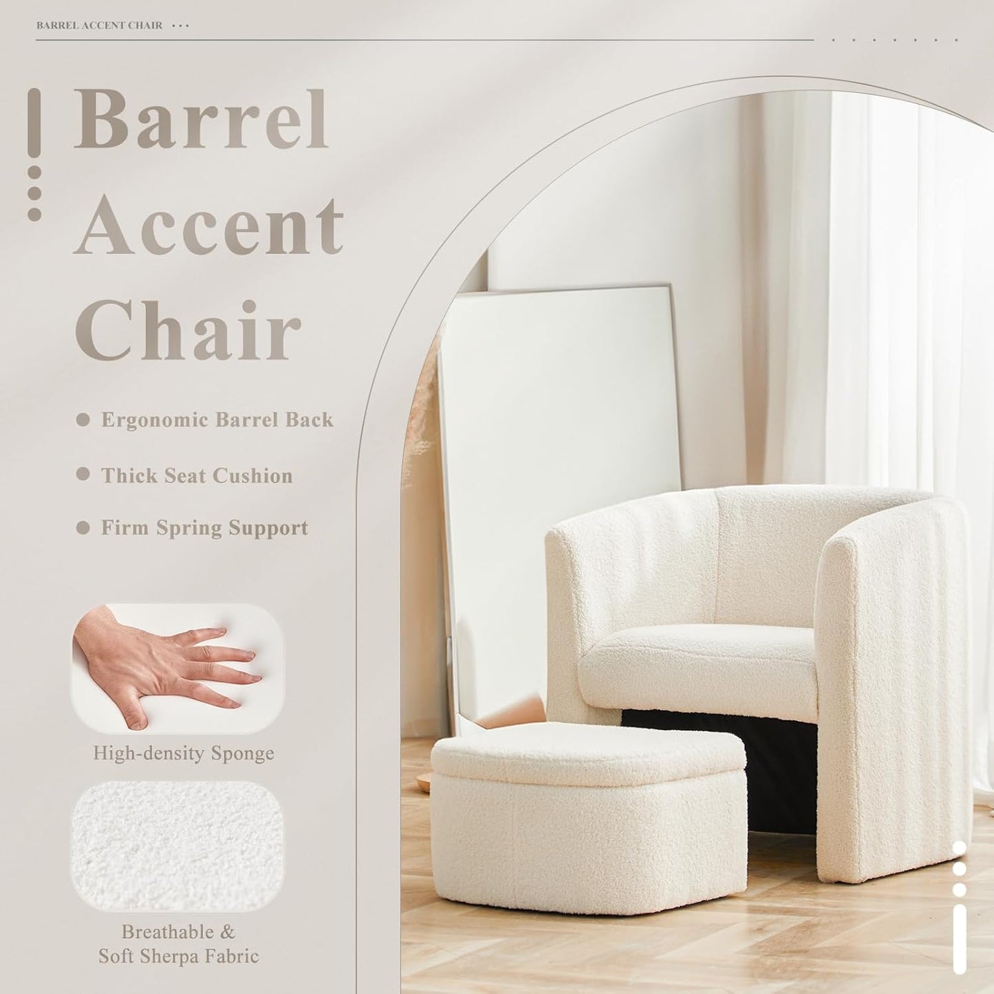 COLAMY Upholstered Sherpa Barrel Accent Chair with Storage Ottoman, Morden Living Room Chair, Armchair Single Sofa for Bedroom/Reading Spaces, Cream
