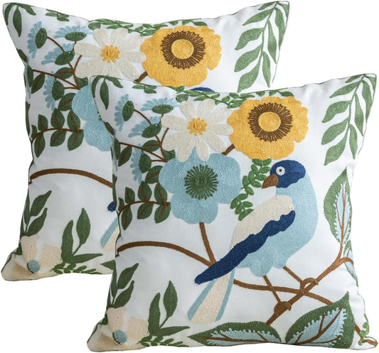 YIcabinet Pack of 2 Throw Pillow Covers,Flower and Bird Pattern Embroidered Pillow Case Soft Decorative Pillowcases for Home Sofa Couch 18x18 Inch