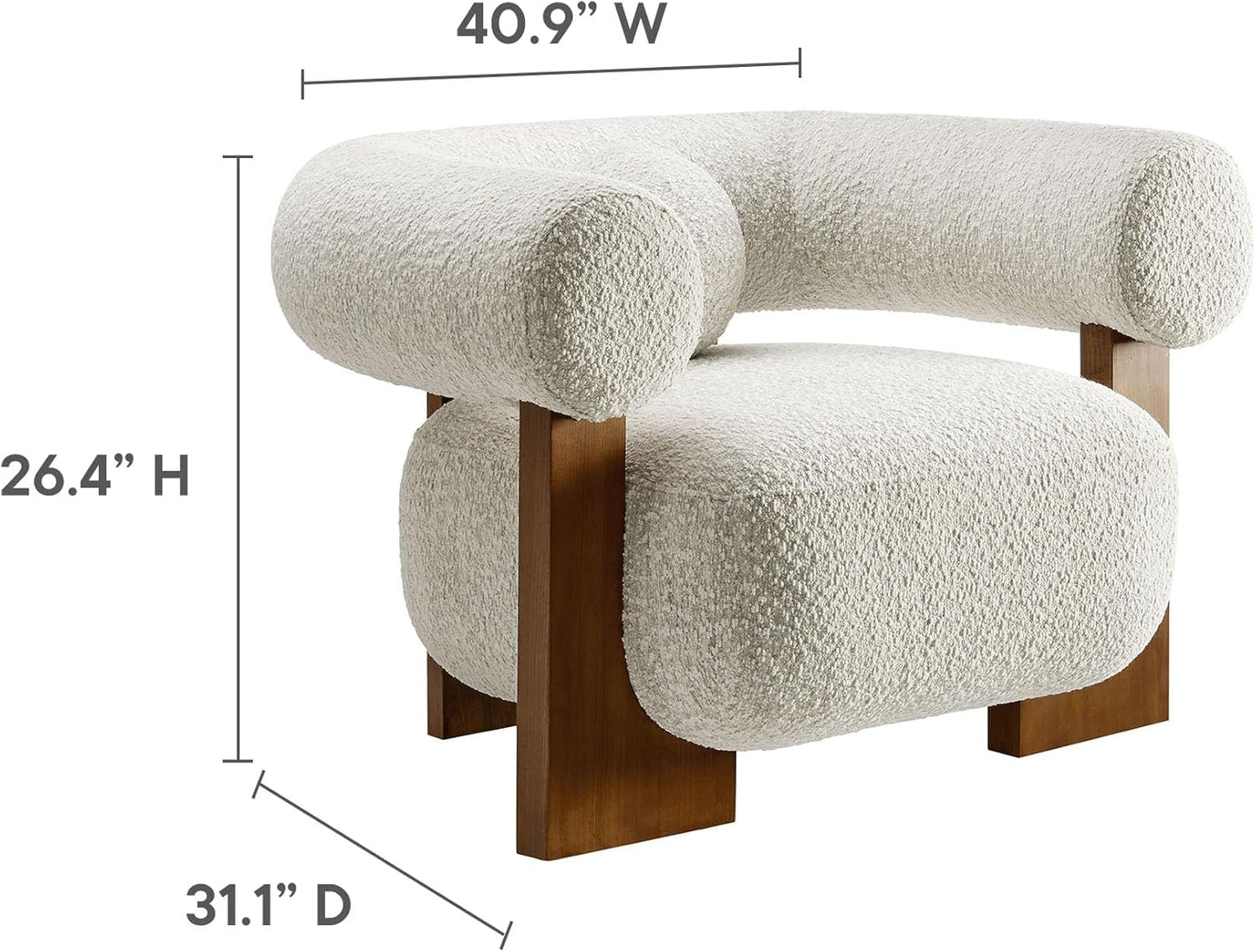 Modway Jace Boucle Fabric Accent Chair in Pearl - Upholstered Barrel Chair with Pillow - Comfy Lounge Armchair with Curved Back and Wood Legs - Soft Teddy Club Chair for Living Room or Bedroom