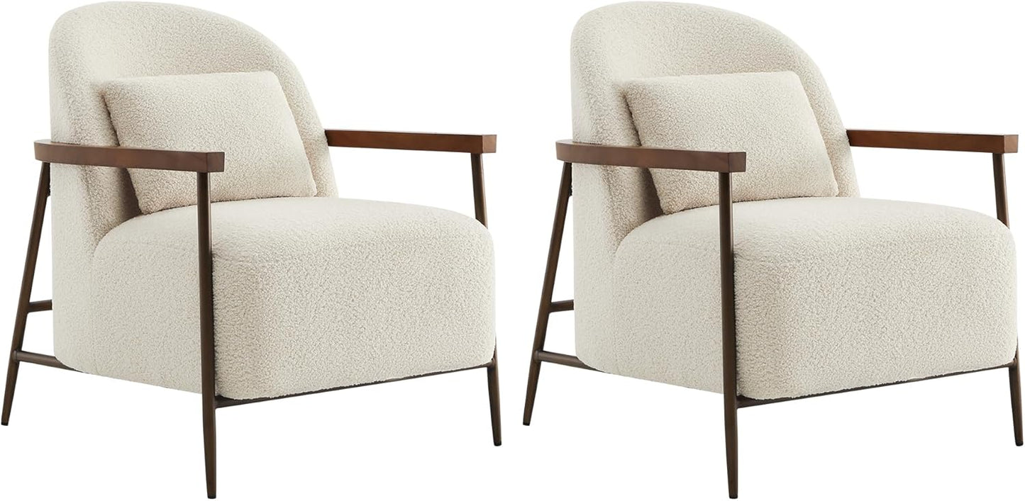 CHITA Accent Chair for Living Room Set of 2, FSC Certified Modern Upholstered Faux Sherpa Fabric Armchair with Metal Frame and Wooden Armrests, Camel