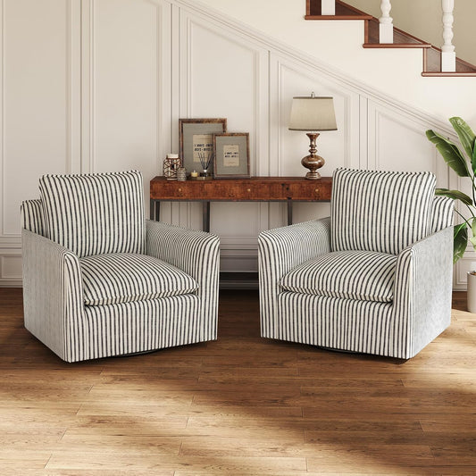 INZOY Swivel Accent Chair Set of 2, Upholstered Square Chair, Swivel Barrel Reading Chair with Thick Padded Backrest Cushion for Living Room Bedroom Small Space, Blue Stripe