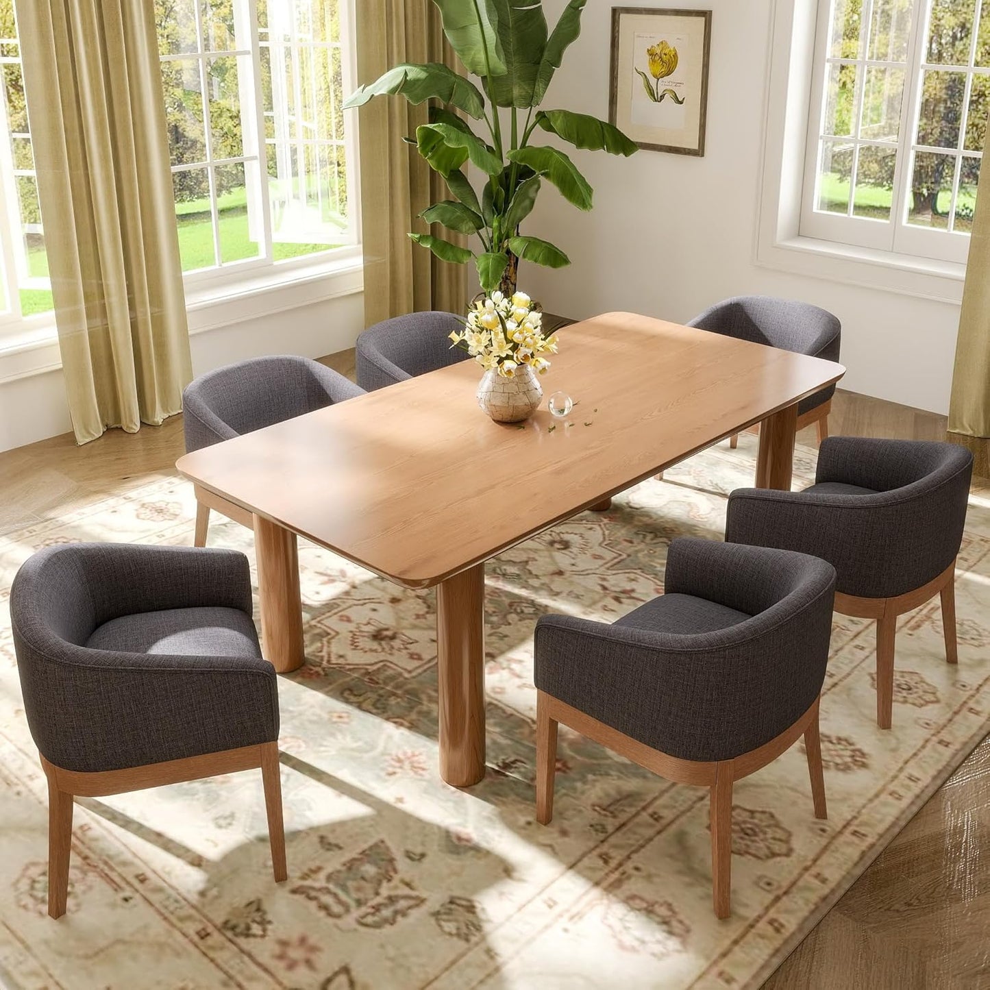 Mid-Century Modern Charcoal Dining Chairs Set of 4, Linen Upholstered Kitchen Dining Room Chairs with Wood Legs, Curved Backrest Armchairs, Charcoal
