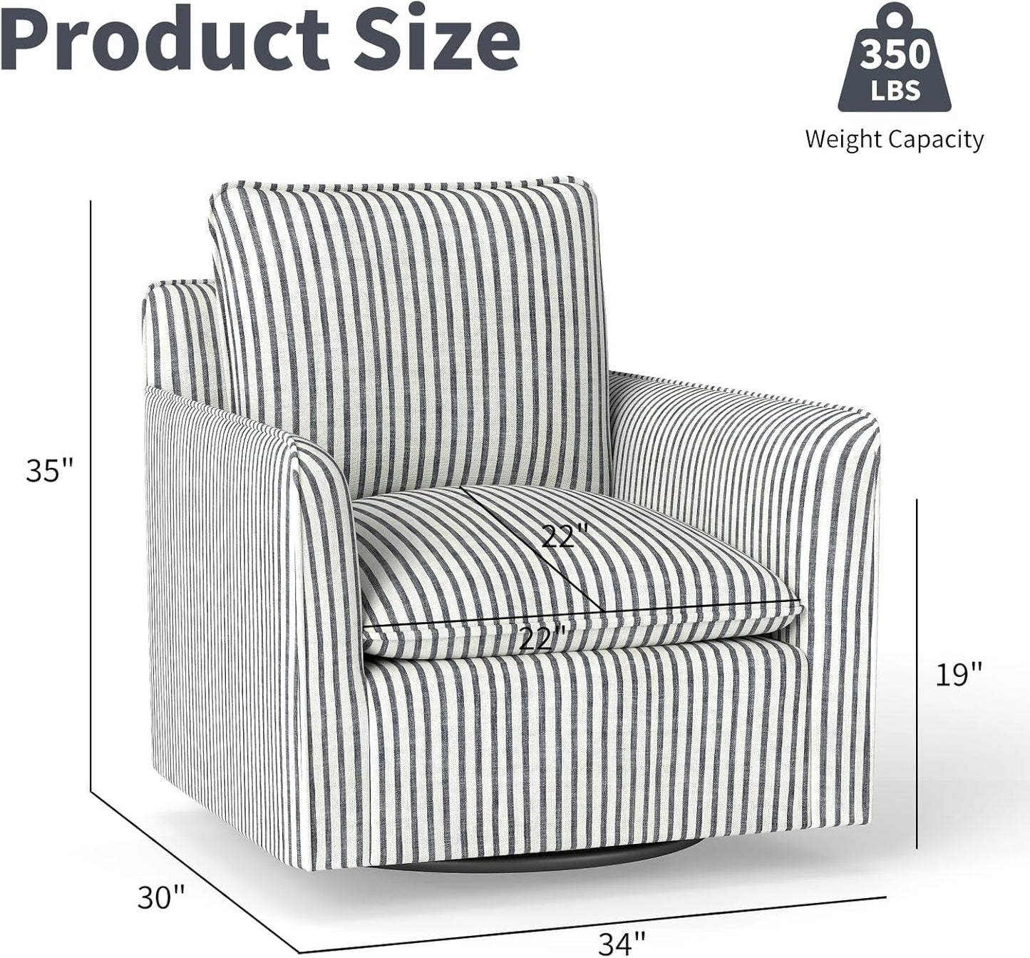 INZOY Swivel Accent Chair Set of 2, Upholstered Square Chair, Swivel Barrel Reading Chair with Thick Padded Backrest Cushion for Living Room Bedroom Small Space, Blue Stripe
