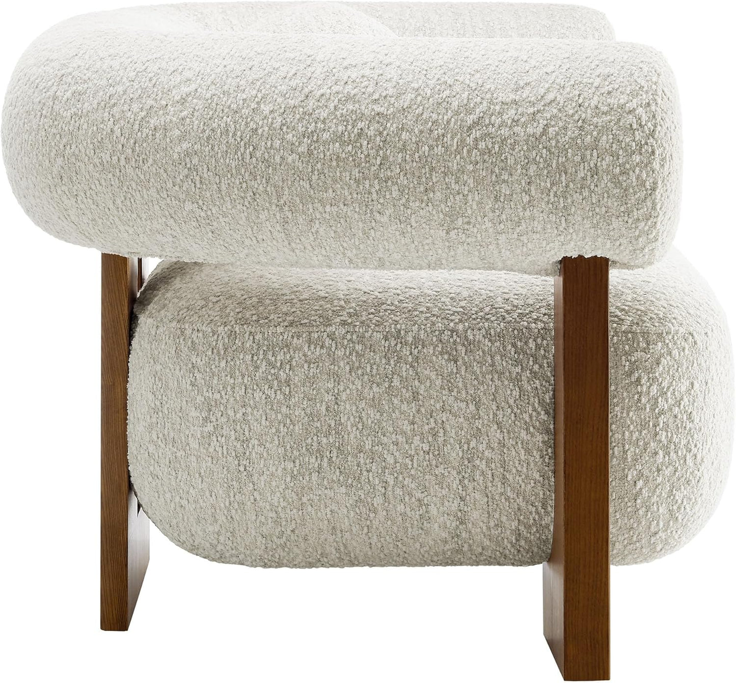 Modway Jace Boucle Fabric Accent Chair in Pearl - Upholstered Barrel Chair with Pillow - Comfy Lounge Armchair with Curved Back and Wood Legs - Soft Teddy Club Chair for Living Room or Bedroom