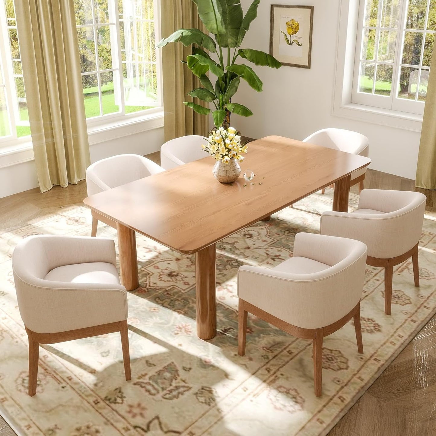 Mid-Century Modern Charcoal Dining Chairs Set of 4, Linen Upholstered Kitchen Dining Room Chairs with Wood Legs, Curved Backrest Armchairs, Charcoal