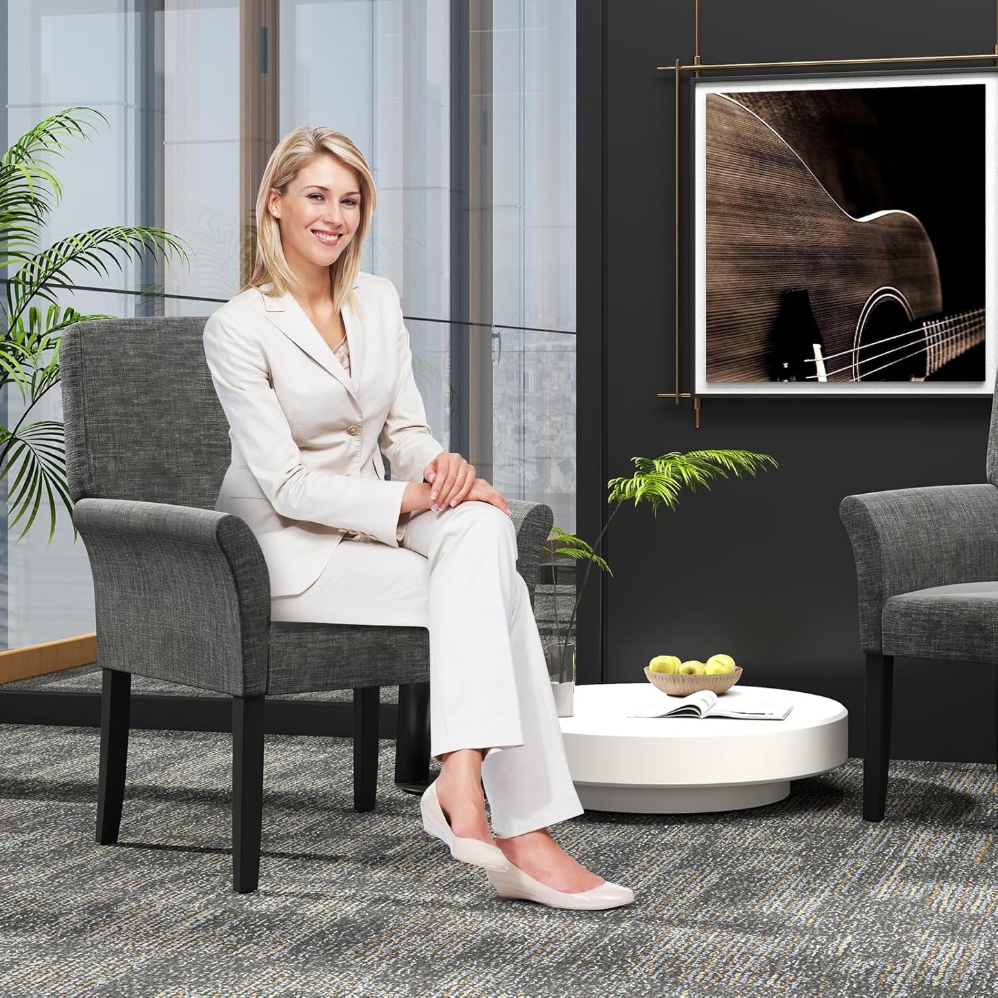 Giantex Office Waiting Room Chairs, Set of 4 Fabric Executive Guest Chair, Upholstered Reception Chair with Padded Arms, Backrest, Wood Legs, Guest Chairs for Meeting Room, Dining Room