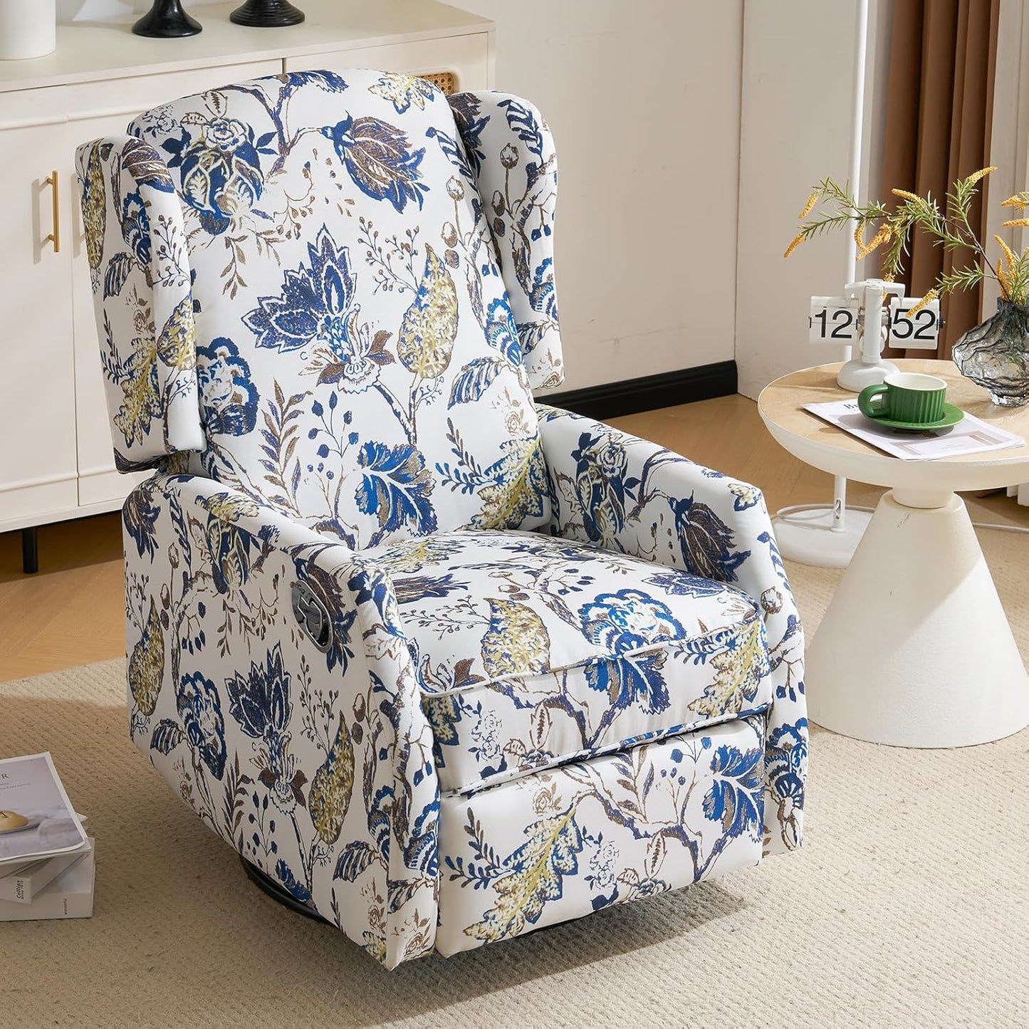 Floral Accent Swivel Rocker Recliner, Wingback Recliner Chair with Padded Seat, High Back Upholstered Armchair for Living Room, Bedroom, Home Ofiice, Bird Floral
