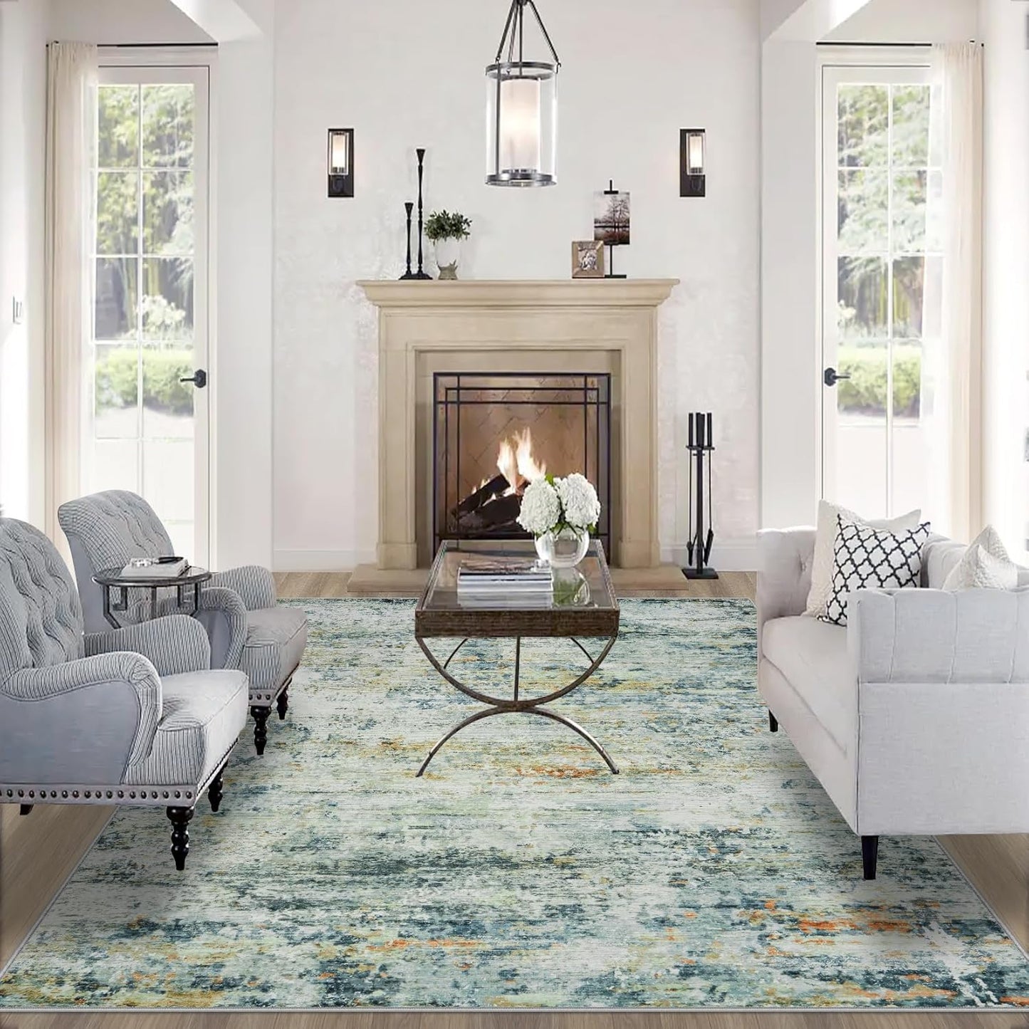 8x10 Area Rugs for Living Room: Large Machine Washable Area Rug with Non Slip Backing Non Shedding Abstract Stain Resistant Carpet for Bedroom Dining Room Nursery Home Office - Blue