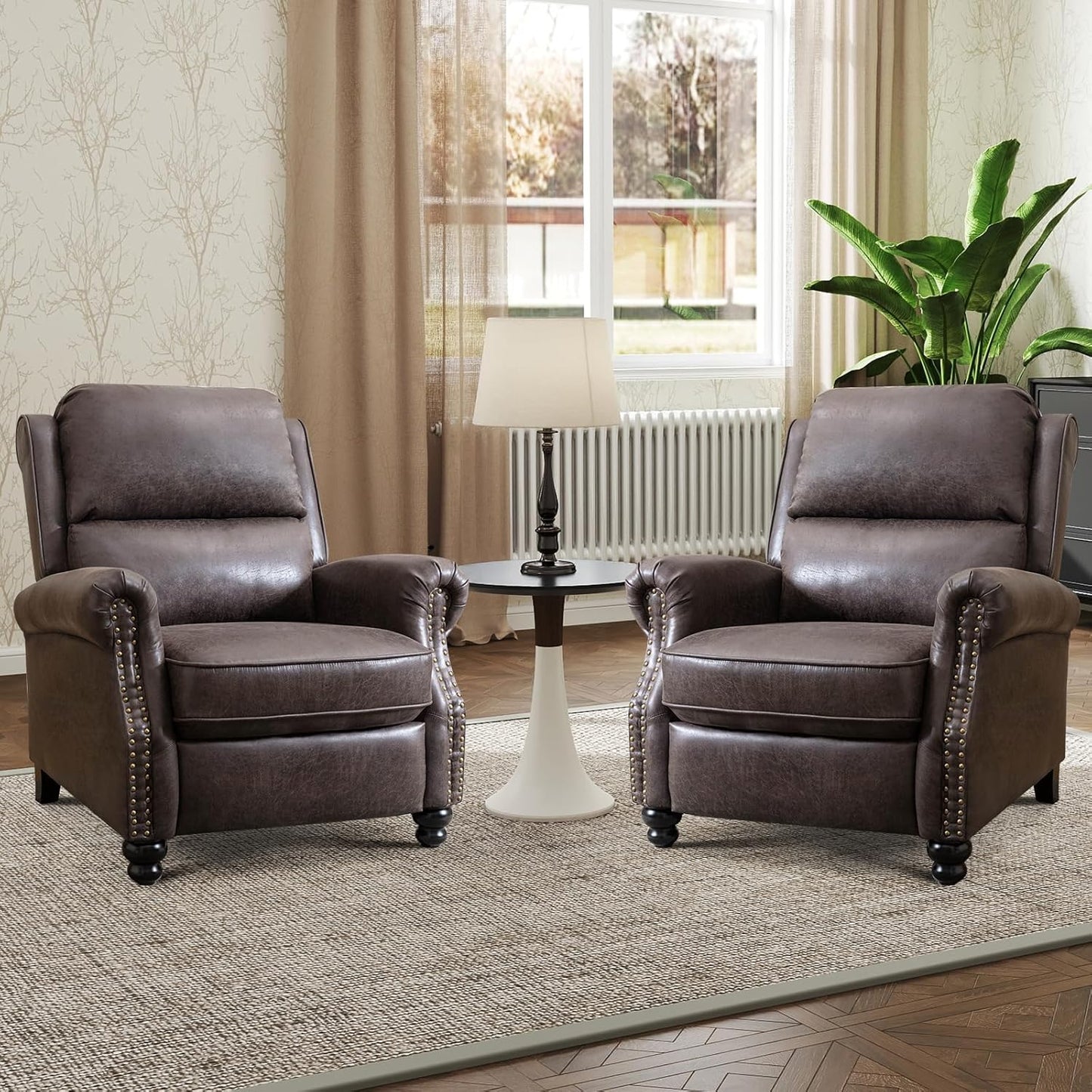 Push Back Recliner Chair Faux Leather Lounge Armchair with Rivet Decoration Wingback Single Sofa Chair with Padded Seat Solid Wood Legs for Living Room, Comfy Upholstered Set of 2, Red Brown