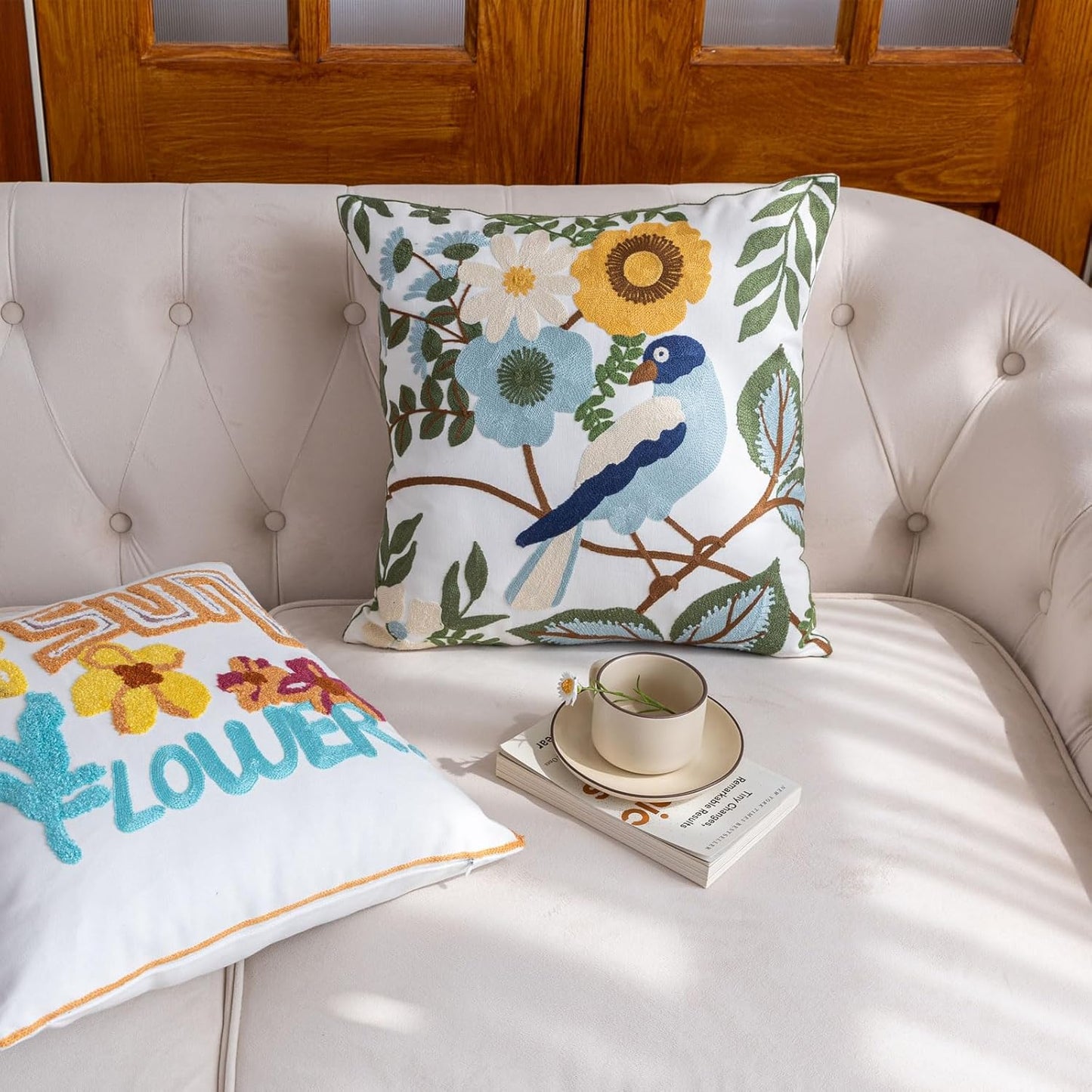 YIcabinet Pack of 2 Throw Pillow Covers,Flower and Bird Pattern Embroidered Pillow Case Soft Decorative Pillowcases for Home Sofa Couch 18x18 Inch
