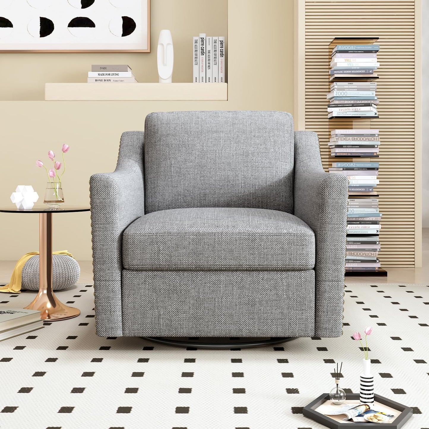 Swivel Accent Chair Set of 2, Modern Comfy Linen Upholstered Barrel Armchair with Nailhead Decor and Metal Base, Soft Oversized Round Swivel Chair for Living Room, Bedroom, Club (2, Grey)