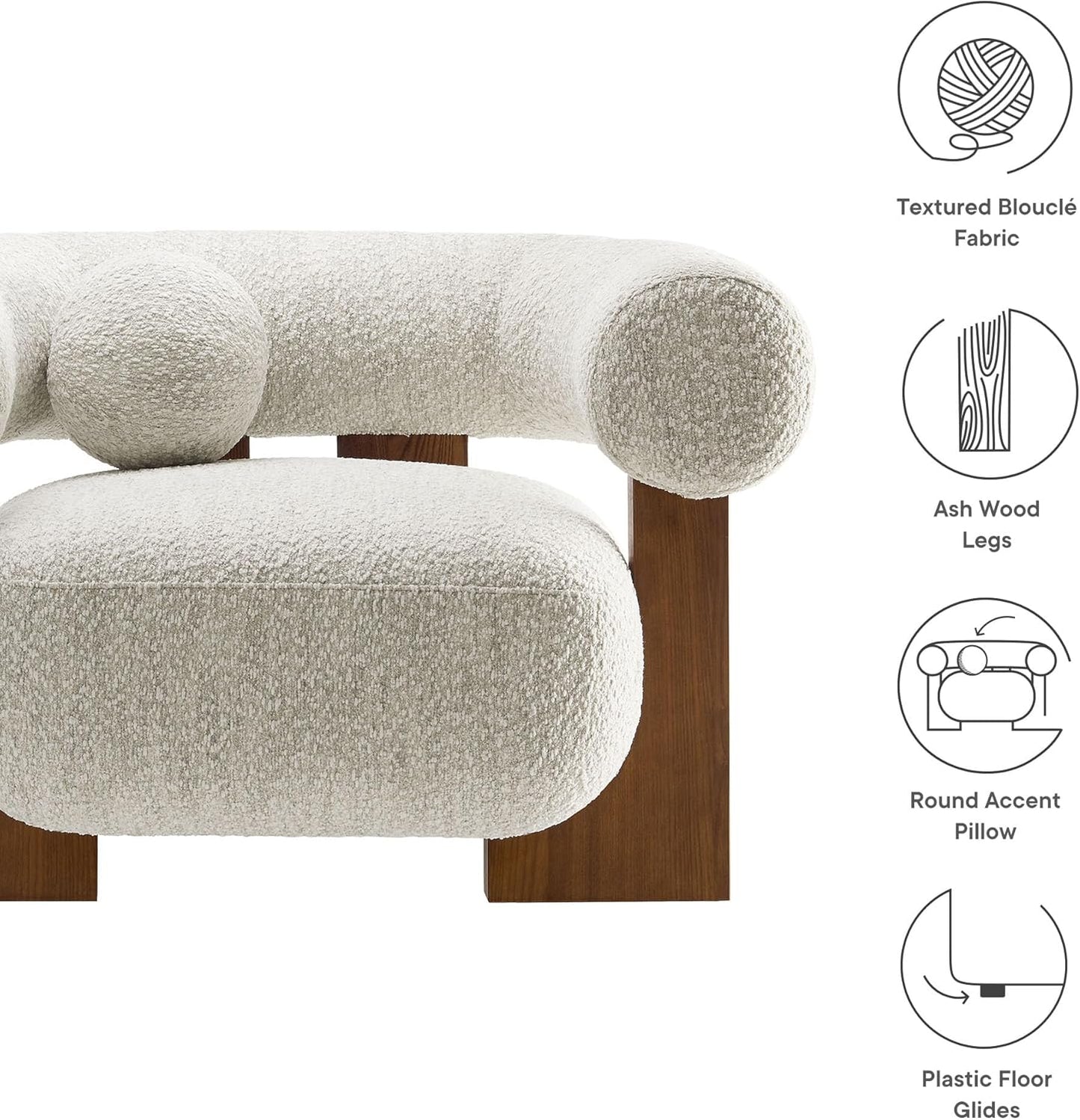 Modway Jace Boucle Fabric Accent Chair in Pearl - Upholstered Barrel Chair with Pillow - Comfy Lounge Armchair with Curved Back and Wood Legs - Soft Teddy Club Chair for Living Room or Bedroom