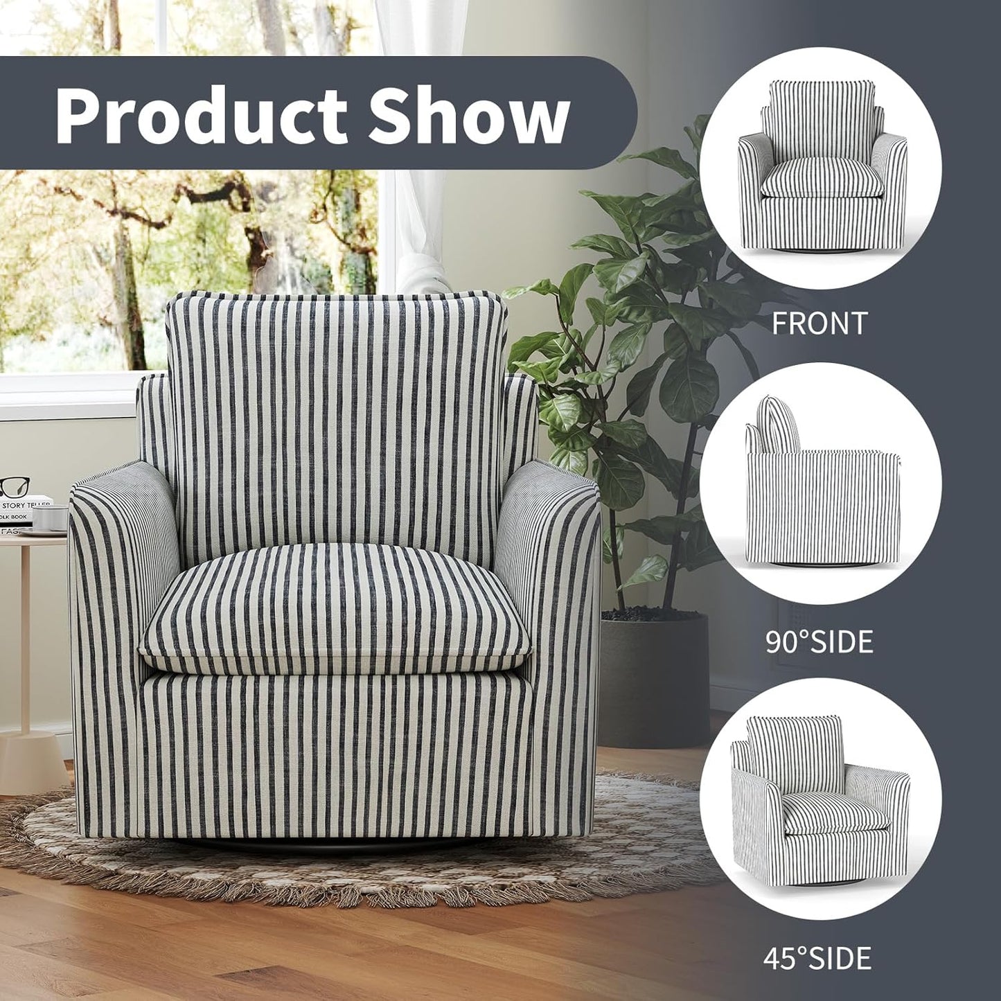 INZOY Swivel Accent Chair Set of 2, Upholstered Square Chair, Swivel Barrel Reading Chair with Thick Padded Backrest Cushion for Living Room Bedroom Small Space, Blue Stripe