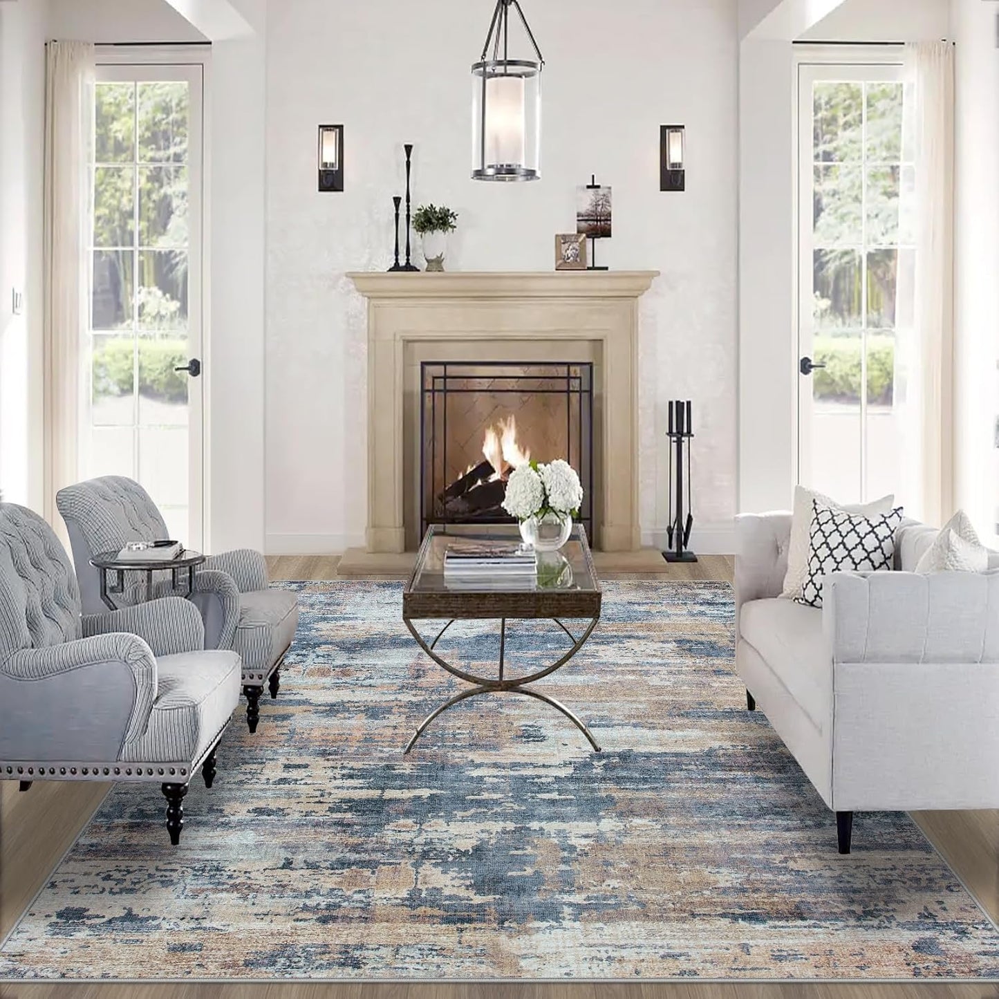 8x10 Area Rugs for Living Room: Large Machine Washable Area Rug with Non Slip Backing Non Shedding Abstract Stain Resistant Carpet for Bedroom Dining Room Nursery Home Office - Blue