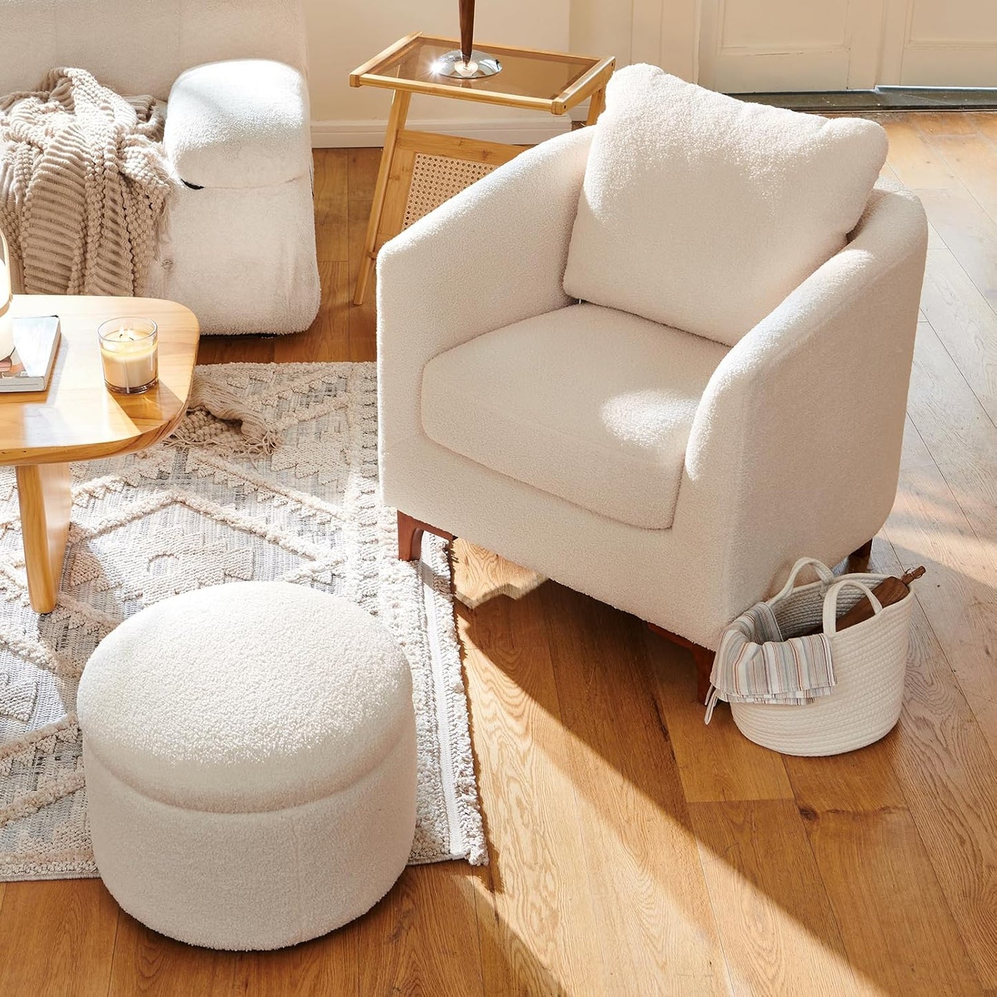 COLAMY Sherpa Accent Chair and Storage Ottoman Set of 2, Modern Upholstered Living Room Chair with Foot Rest, Armchair with Back Pillow and Wooden Legs for Living Room, Bedroom, Classic Cream