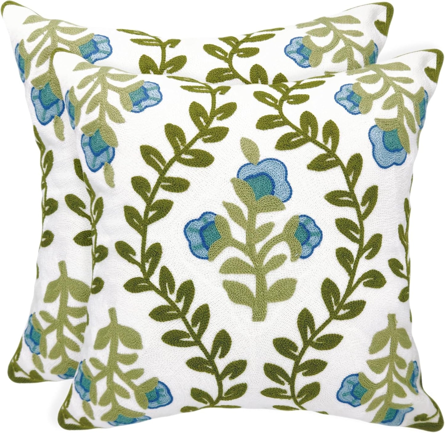 Alysheer Summer Floral Embroidered Decorative Throw Pillow Covers 18"x 18" Set of 2, Farmhouse Navy Blue Flowers Green Leaves Tufted Patterned Cotton Cushion Cases for Couch Bed Living Room Decor