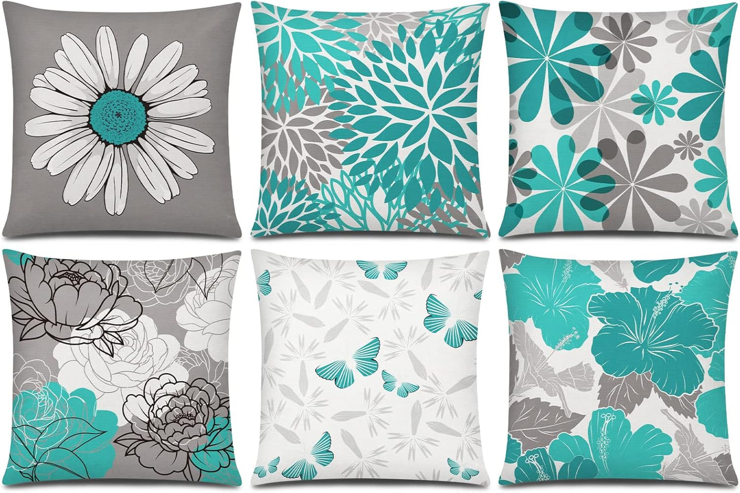 COMMINY Blue Grey Pillow Covers 18x18 Set of 6 Decorative Daisy Flower Throw Pillow Cover for Couch Modern Pillow Case for Patio Living Room Cushion Bed Farmhouse Home Decor