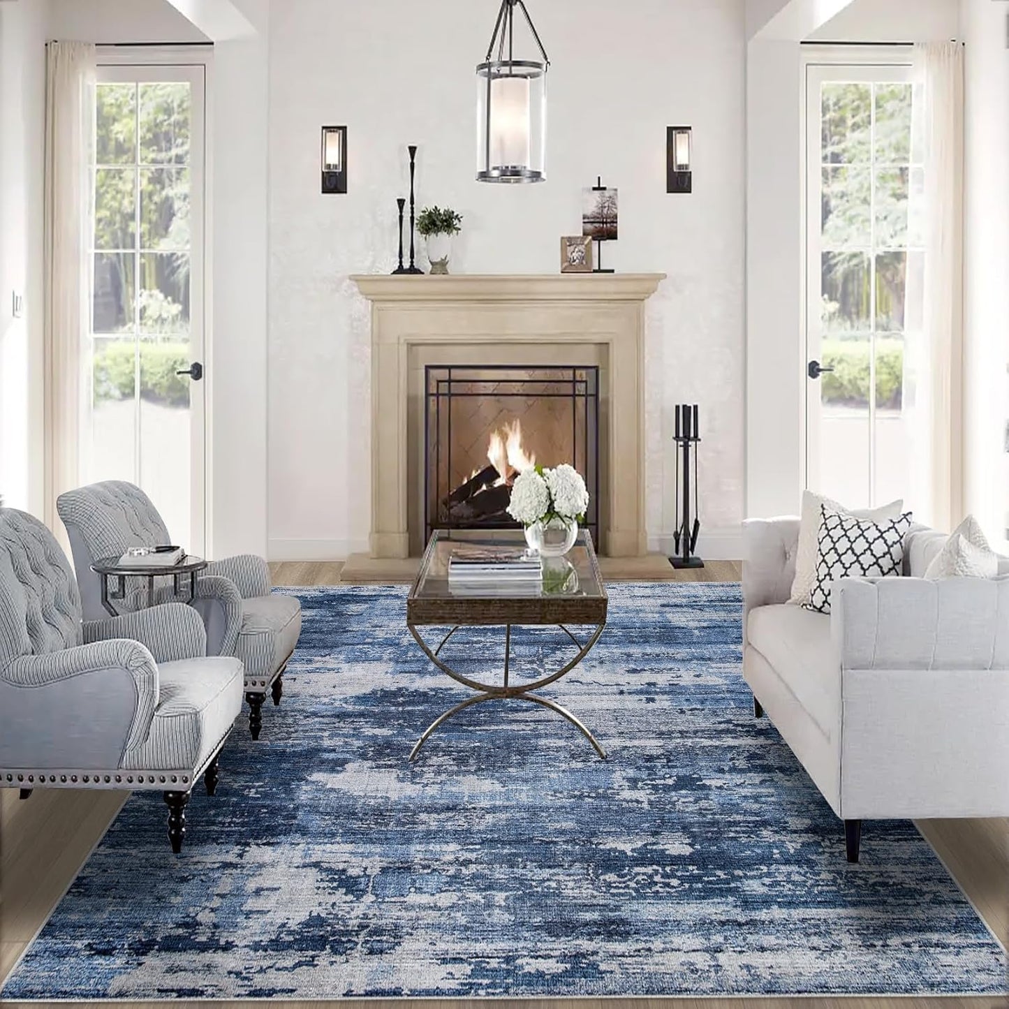 8x10 Area Rugs for Living Room: Large Machine Washable Area Rug with Non Slip Backing Non Shedding Abstract Stain Resistant Carpet for Bedroom Dining Room Nursery Home Office - Blue