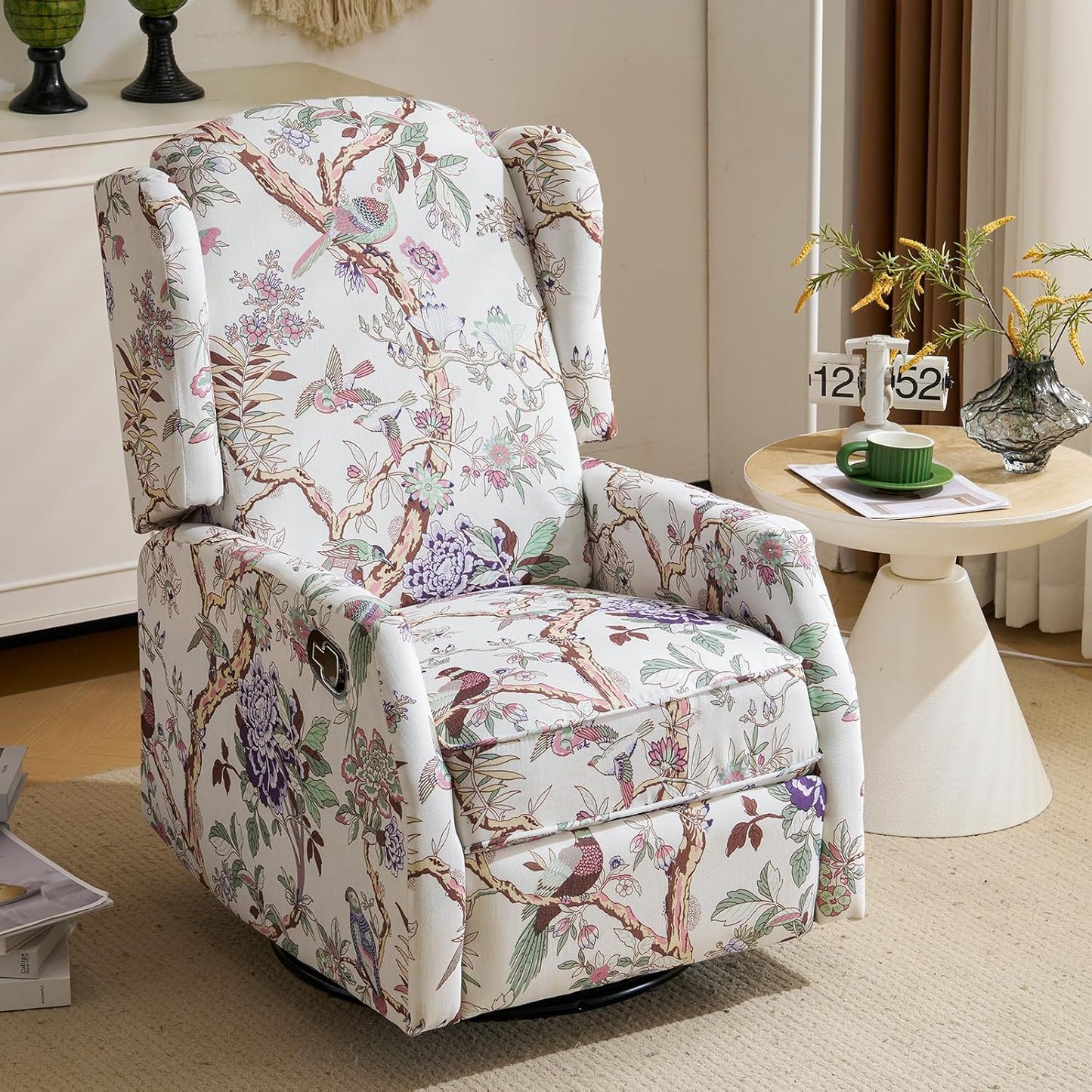Floral Accent Swivel Rocker Recliner, Wingback Recliner Chair with Padded Seat, High Back Upholstered Armchair for Living Room, Bedroom, Home Ofiice, Bird Floral