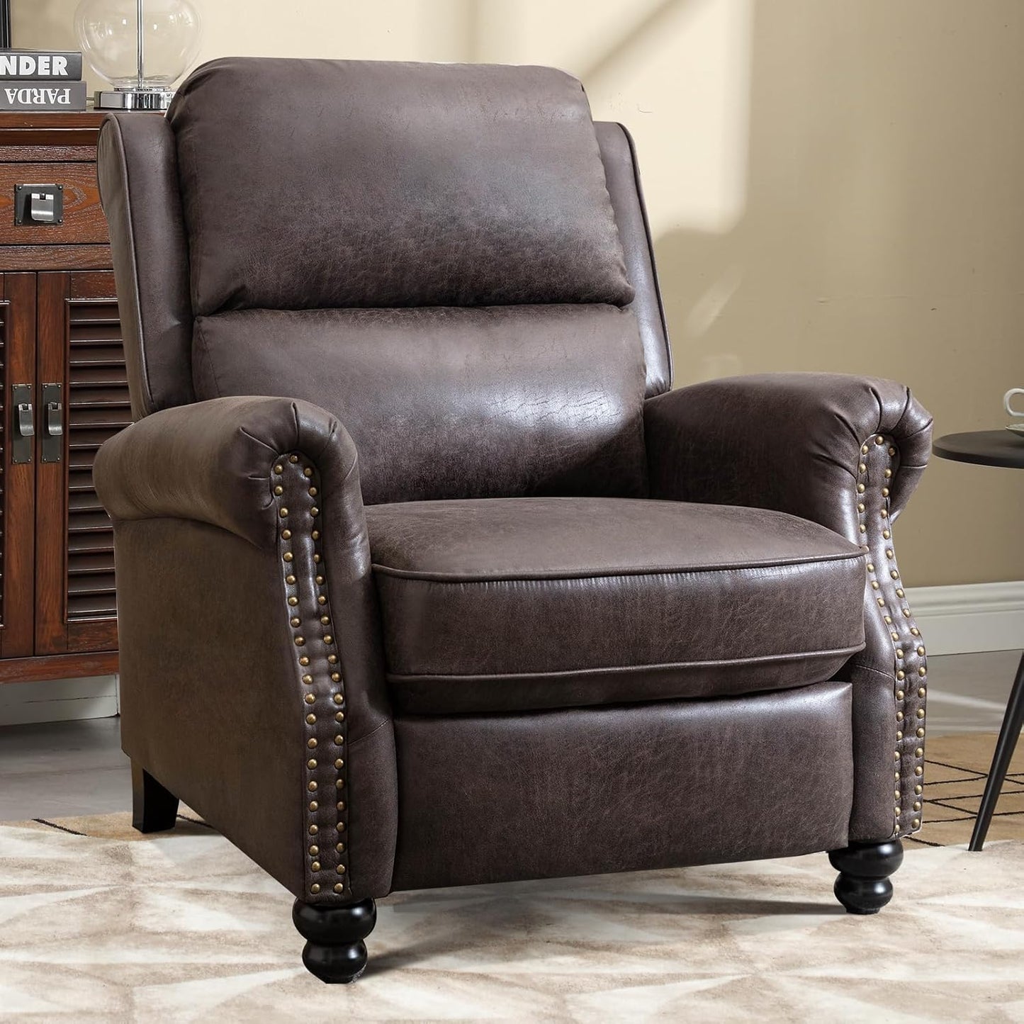 Push Back Recliner Chair Faux Leather Lounge Armchair with Rivet Decoration Wingback Single Sofa Chair with Padded Seat Solid Wood Legs for Living Room, Comfy Upholstered Set of 2, Red Brown