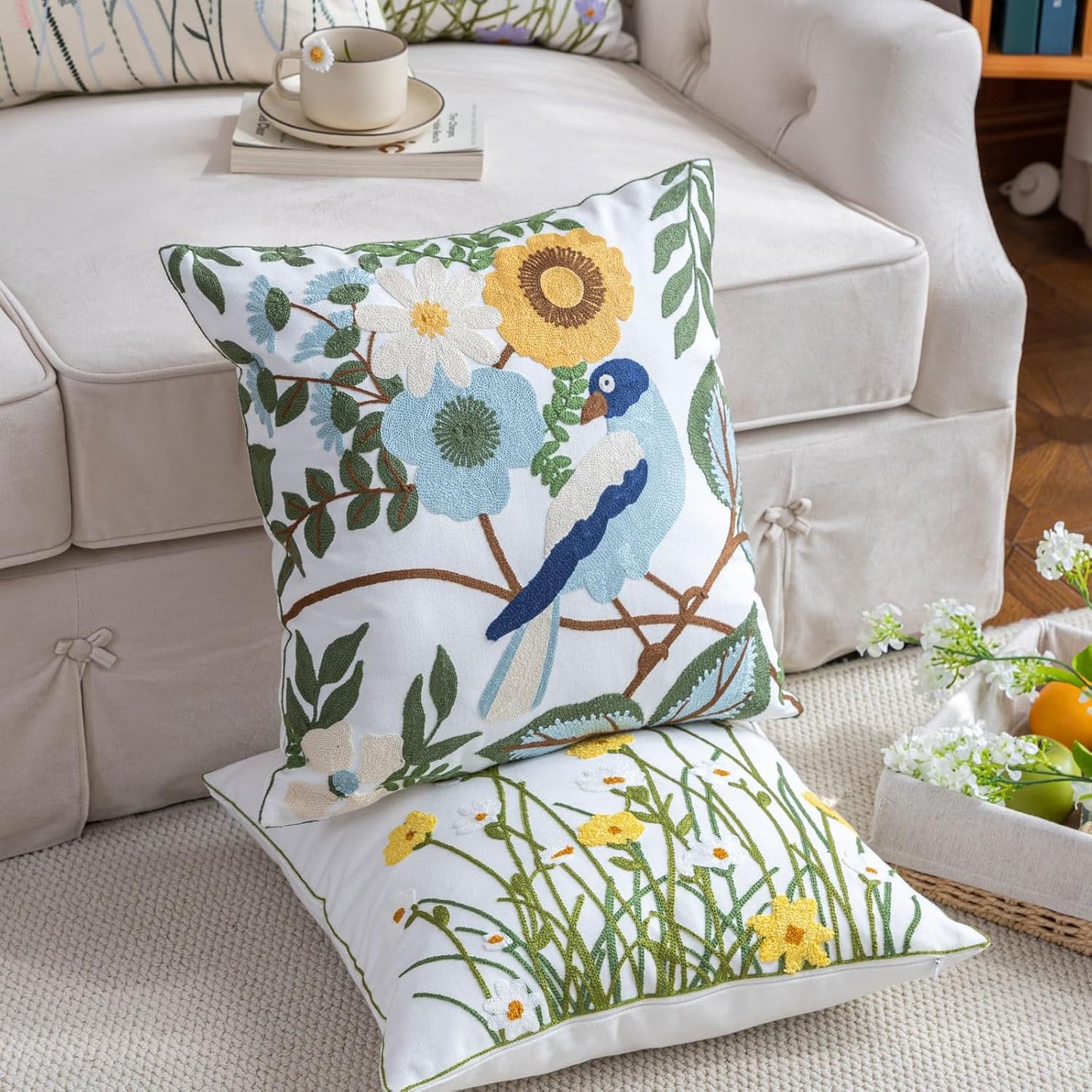 YIcabinet Pack of 2 Throw Pillow Covers,Flower and Bird Pattern Embroidered Pillow Case Soft Decorative Pillowcases for Home Sofa Couch 18x18 Inch