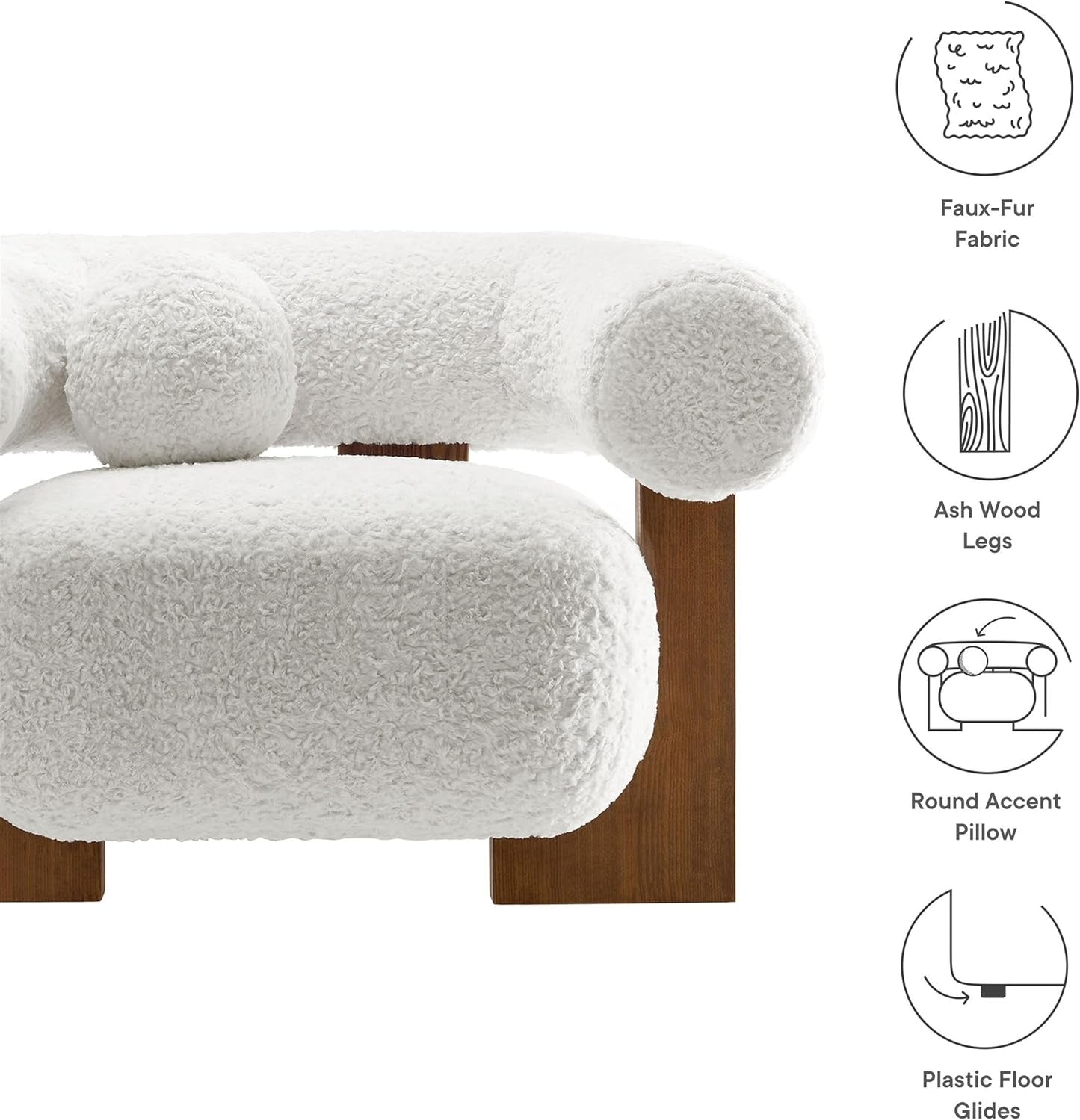 Modway Jace Upholstered Fabric Accent Chair in Feather - Faux Fur Barrel Chair with Pillow - Comfy Lounge Armchair with Curved Back and Wood Legs - Soft Teddy Club Chair for Living Room, Bedroom