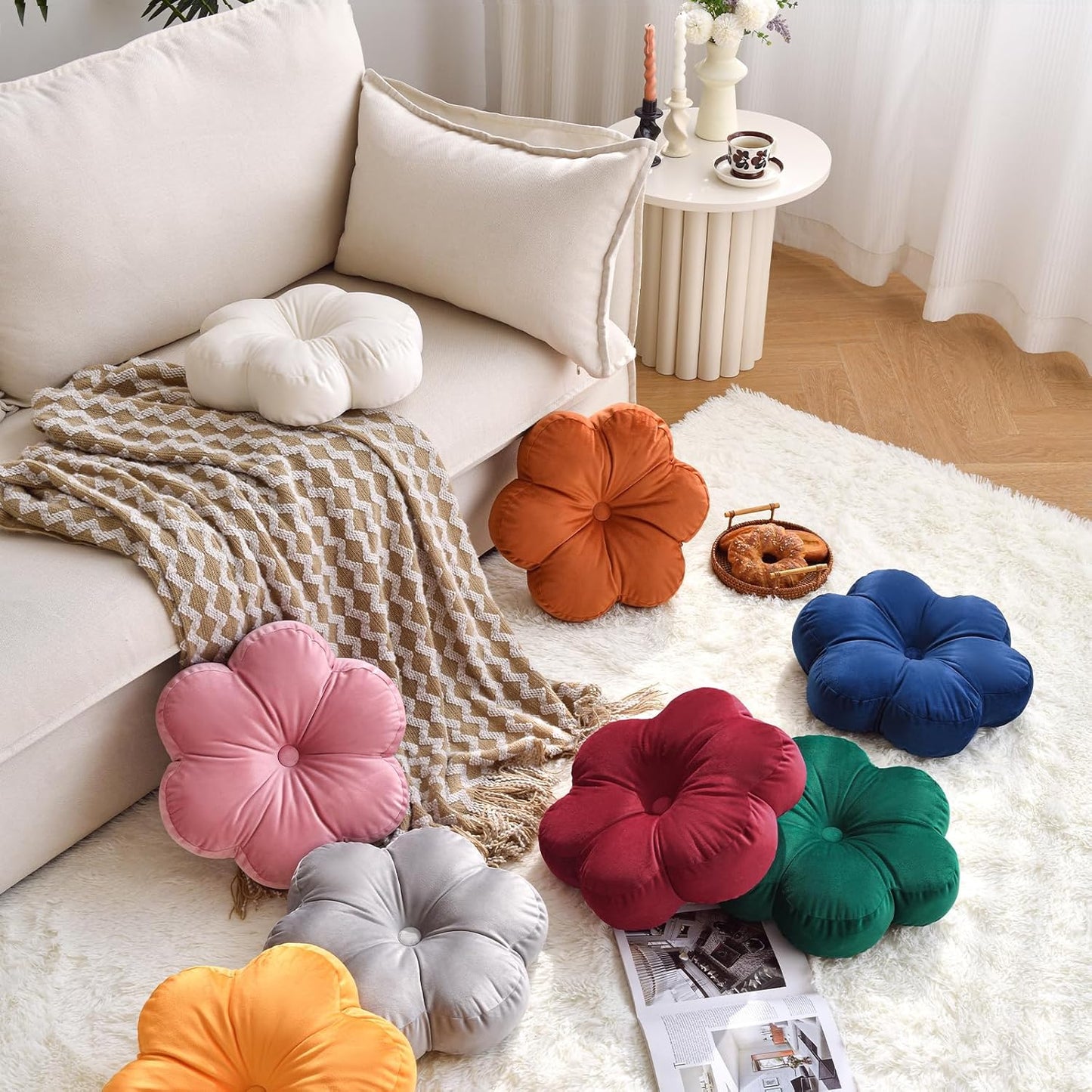 Xuyier Flower Pillow, Flower Shaped Pillow with Velvet for Couch Bed Chair Sofa, Home Decor Floor Seating Cushion Cute Throw Pillows for Living Room Bedroom (15 Inches, Ivory White)