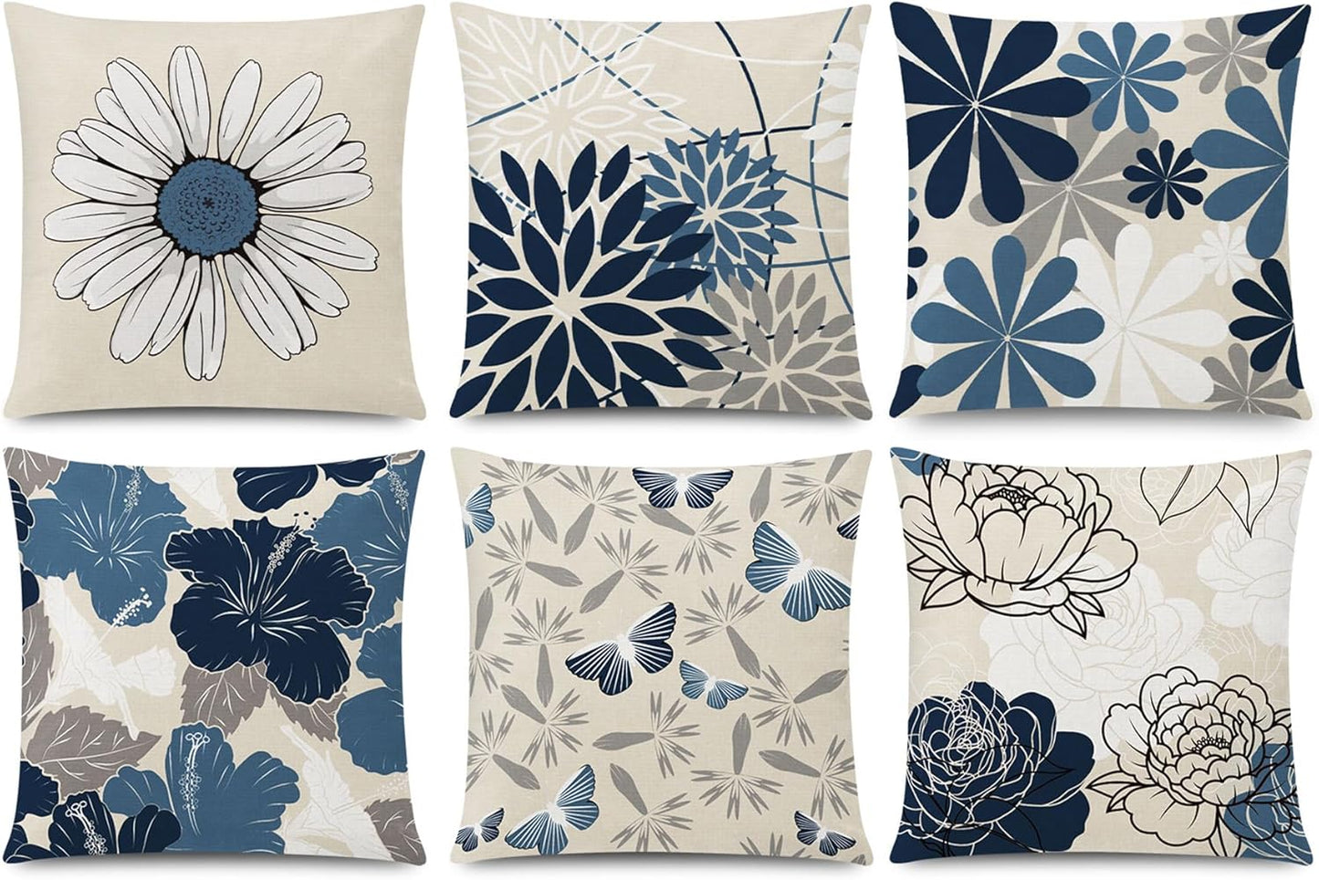 COMMINY Blue Grey Pillow Covers 18x18 Set of 6 Decorative Daisy Flower Throw Pillow Cover for Couch Modern Pillow Case for Patio Living Room Cushion Bed Farmhouse Home Decor