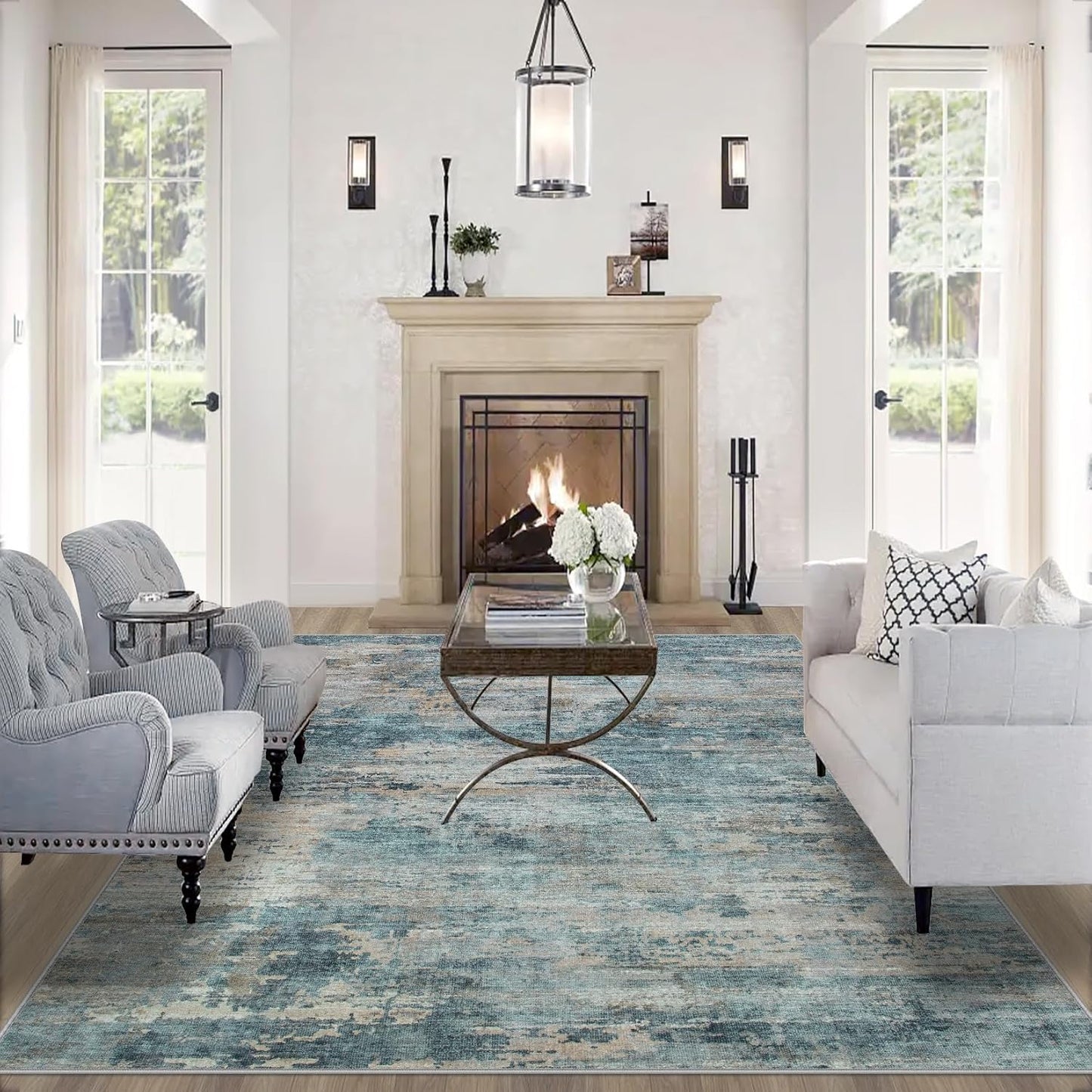 8x10 Area Rugs for Living Room: Large Machine Washable Area Rug with Non Slip Backing Non Shedding Abstract Stain Resistant Carpet for Bedroom Dining Room Nursery Home Office - Blue