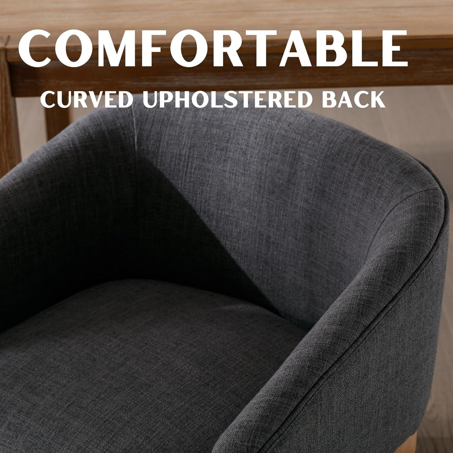 Mid-Century Modern Charcoal Dining Chairs Set of 4, Linen Upholstered Kitchen Dining Room Chairs with Wood Legs, Curved Backrest Armchairs, Charcoal