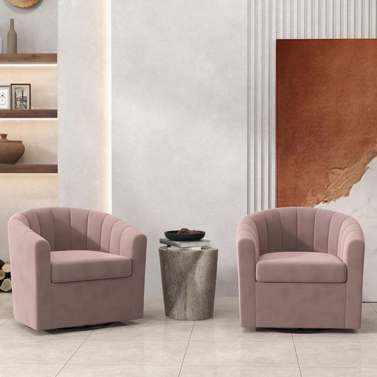 Bonzy Home Swivel Barrel Chair Set of 2, Modern Velvet Swivel Accent Chair with Channel Tufting, Soft Upholstered Armchair for Living Room Bedroom, Grey Pink
