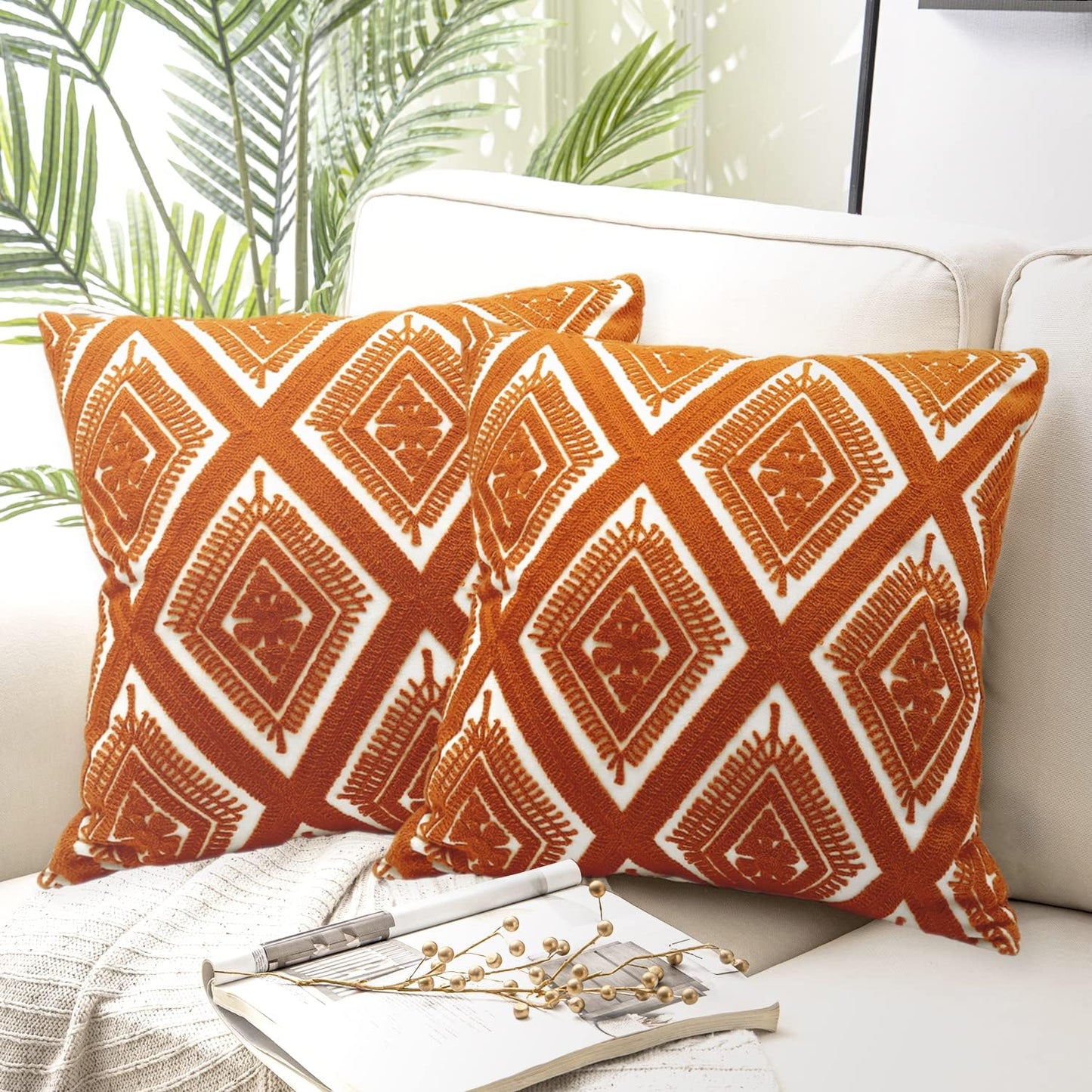 Alysheer Farmhouse Floral Leaves Embroidered Decorative Throw Pillow Cover 18x18 inches, Boho Tufted Flowers Embroidery Pattern Chic Cotton Cushion Case for Couch Bed Sofa Living Room(Mustard Yellow)