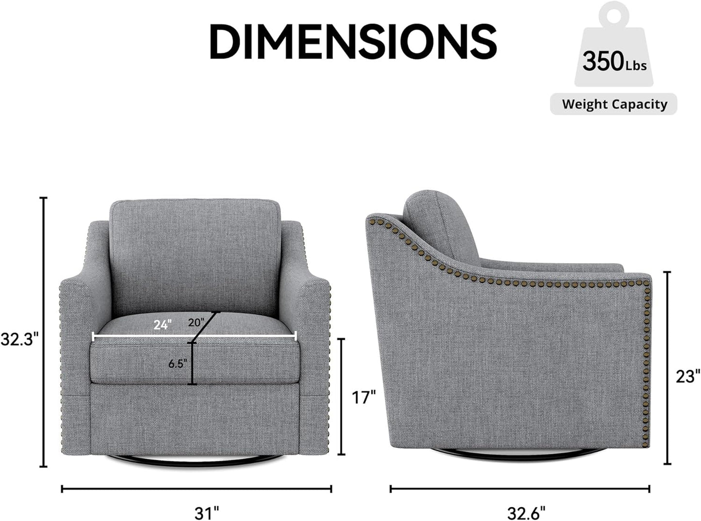 Swivel Accent Chair Set of 2, Modern Comfy Linen Upholstered Barrel Armchair with Nailhead Decor and Metal Base, Soft Oversized Round Swivel Chair for Living Room, Bedroom, Club (2, Grey)