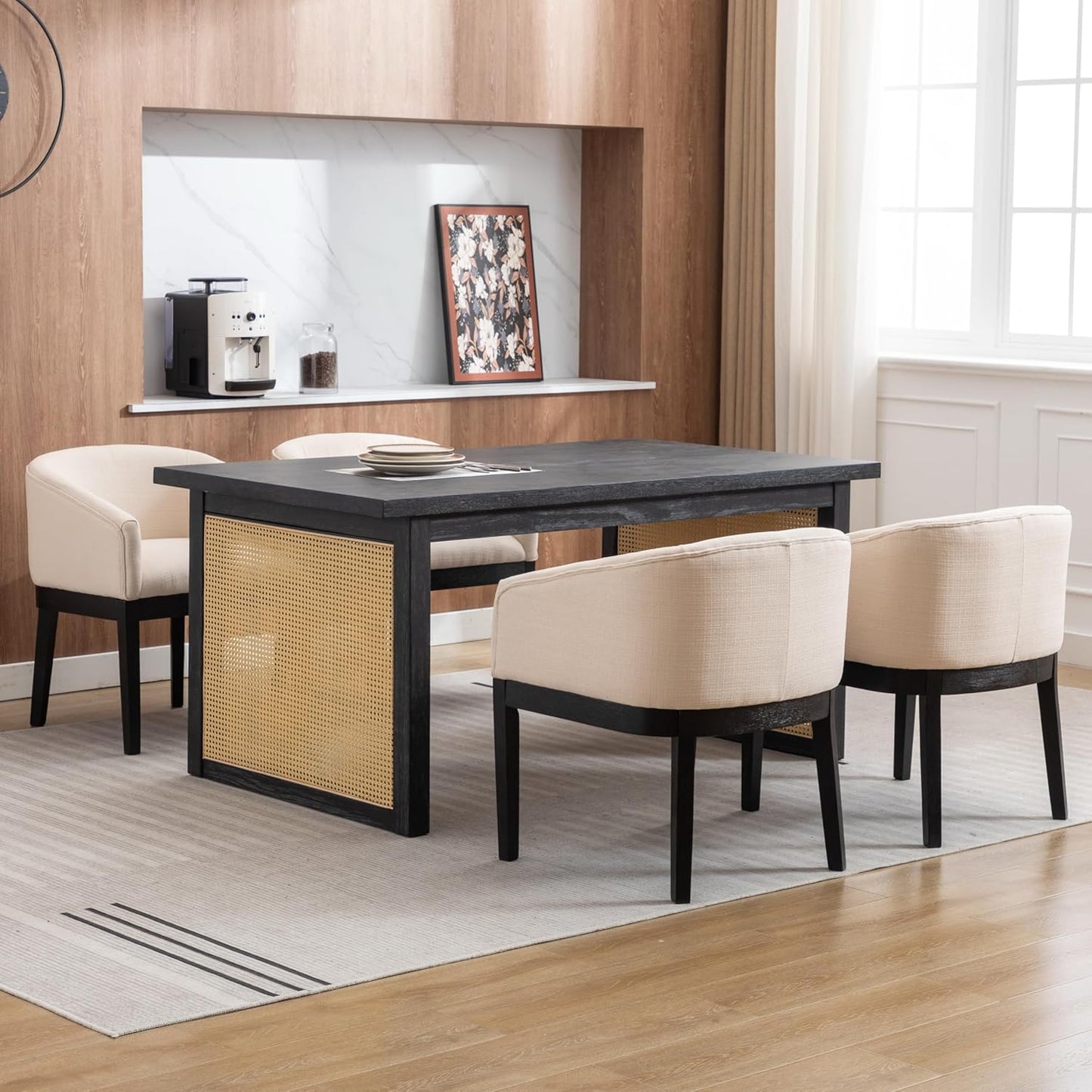 Mid-Century Modern Charcoal Dining Chairs Set of 4, Linen Upholstered Kitchen Dining Room Chairs with Wood Legs, Curved Backrest Armchairs, Charcoal