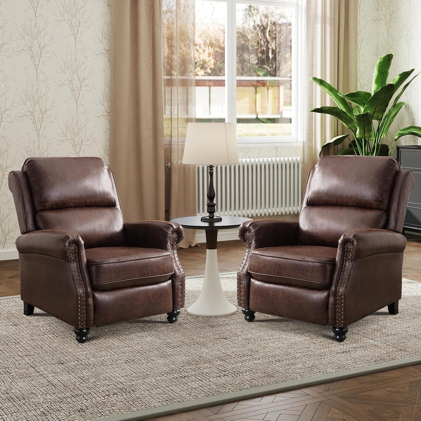 Push Back Recliner Chair Faux Leather Lounge Armchair with Rivet Decoration Wingback Single Sofa Chair with Padded Seat Solid Wood Legs for Living Room, Comfy Upholstered Set of 2, Red Brown