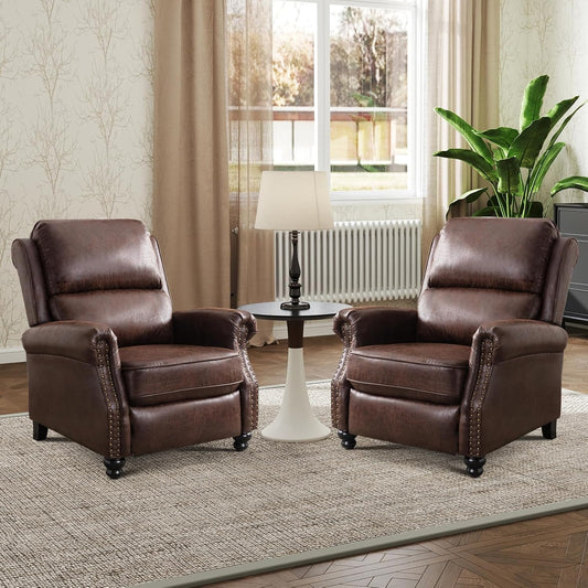 Push Back Recliner Chair Faux Leather Lounge Armchair with Rivet Decoration Wingback Single Sofa Chair with Padded Seat Solid Wood Legs for Living Room, Comfy Upholstered Set of 2, Red Brown