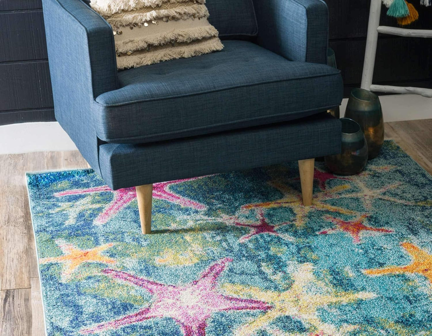 Unique Loom Positano Collection Coastal Modern Bright Colors Starfish Navy Blue Area Rug (8' x 10')
