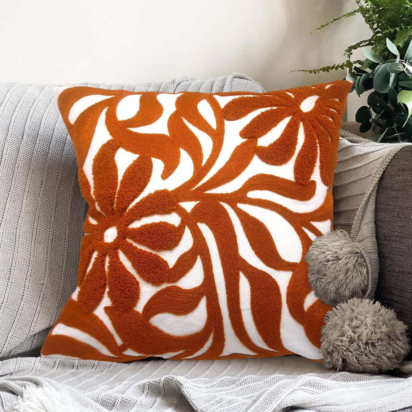 Alysheer Farmhouse Floral Leaves Embroidered Decorative Throw Pillow Cover 18x18 inches, Boho Tufted Flowers Embroidery Pattern Chic Cotton Cushion Case for Couch Bed Sofa Living Room(Mustard Yellow)